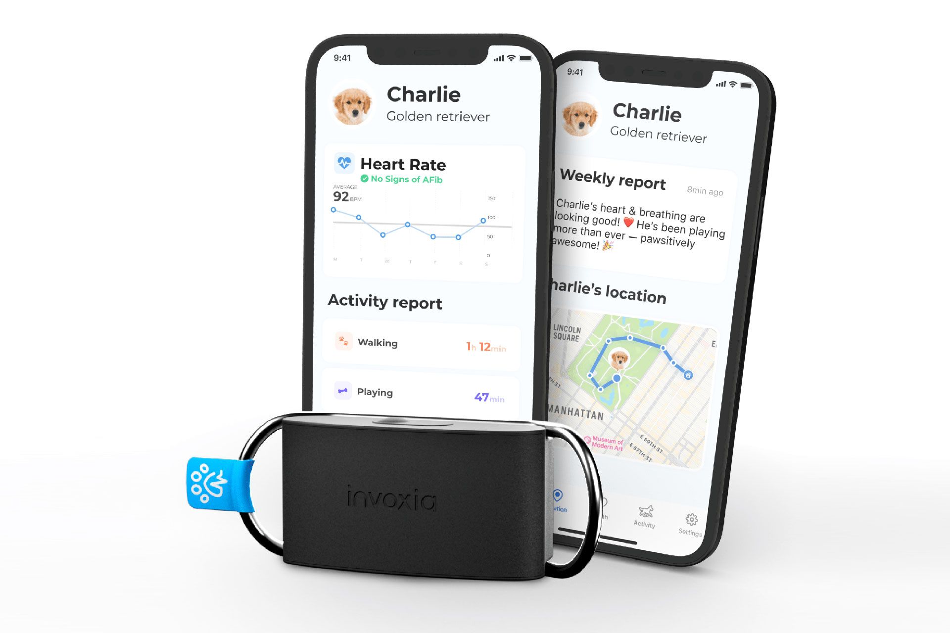 دو گوشی هوشمند در حال نمایش محیط اپلیکیشن  The Minitailz و قلاده هوشمندی در مقابل آن‌ها