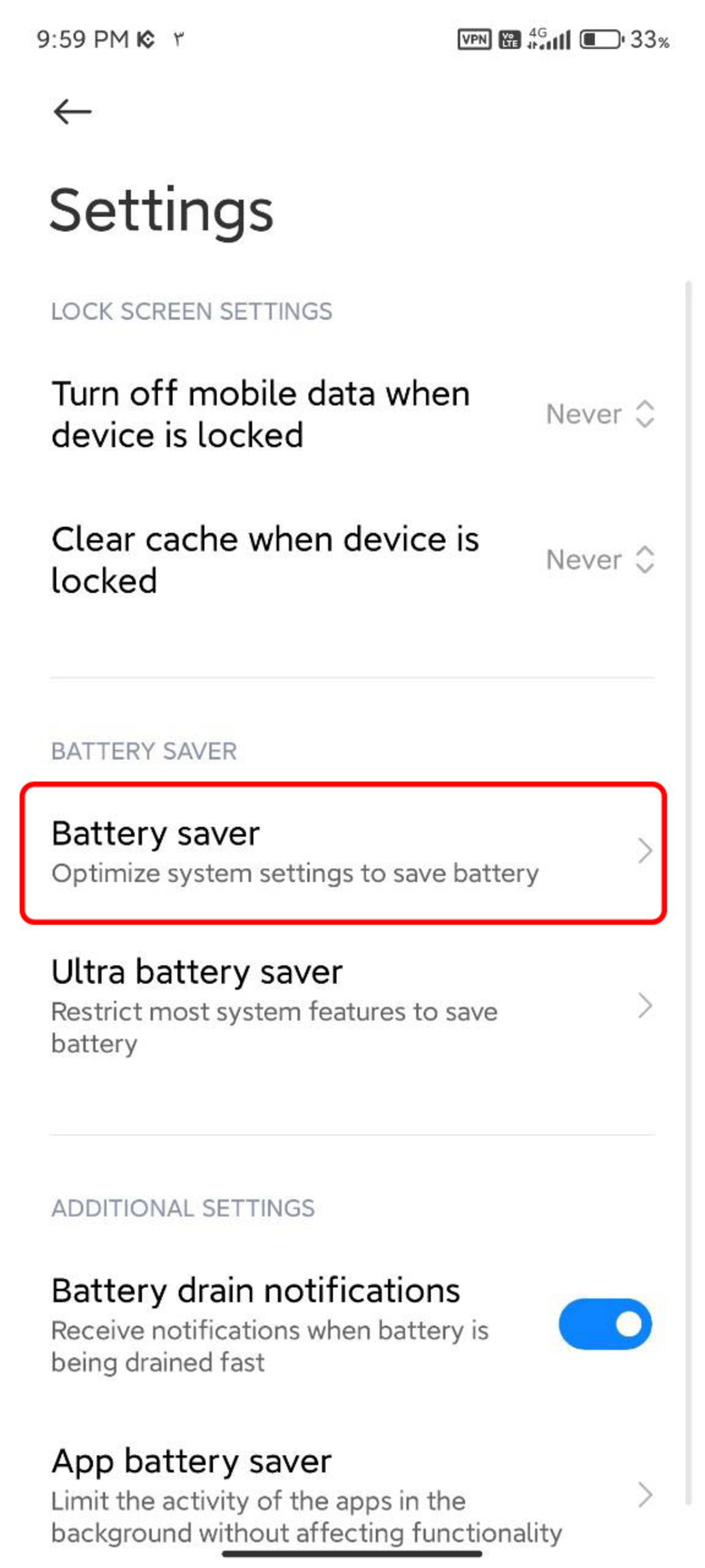 Xiaomi phone battery settings menu