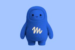 شخصیت کارتونی آبی رنگ هوش مصنوعی میوس (Mius) با نماد M روی بدن