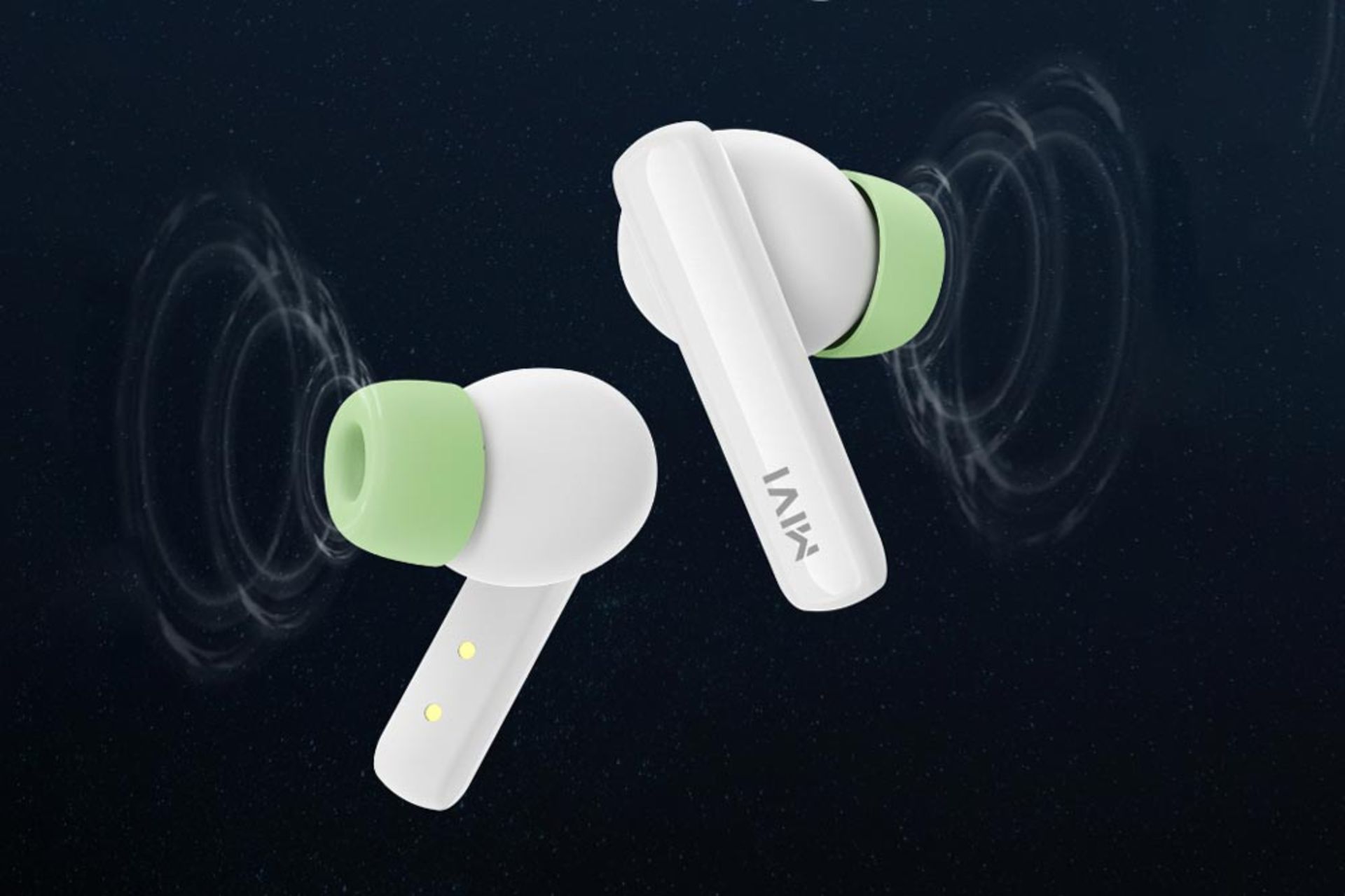 ایرباد MIVI Duopods A450 رنگ سفید و سبز در پس زمینه مشکی