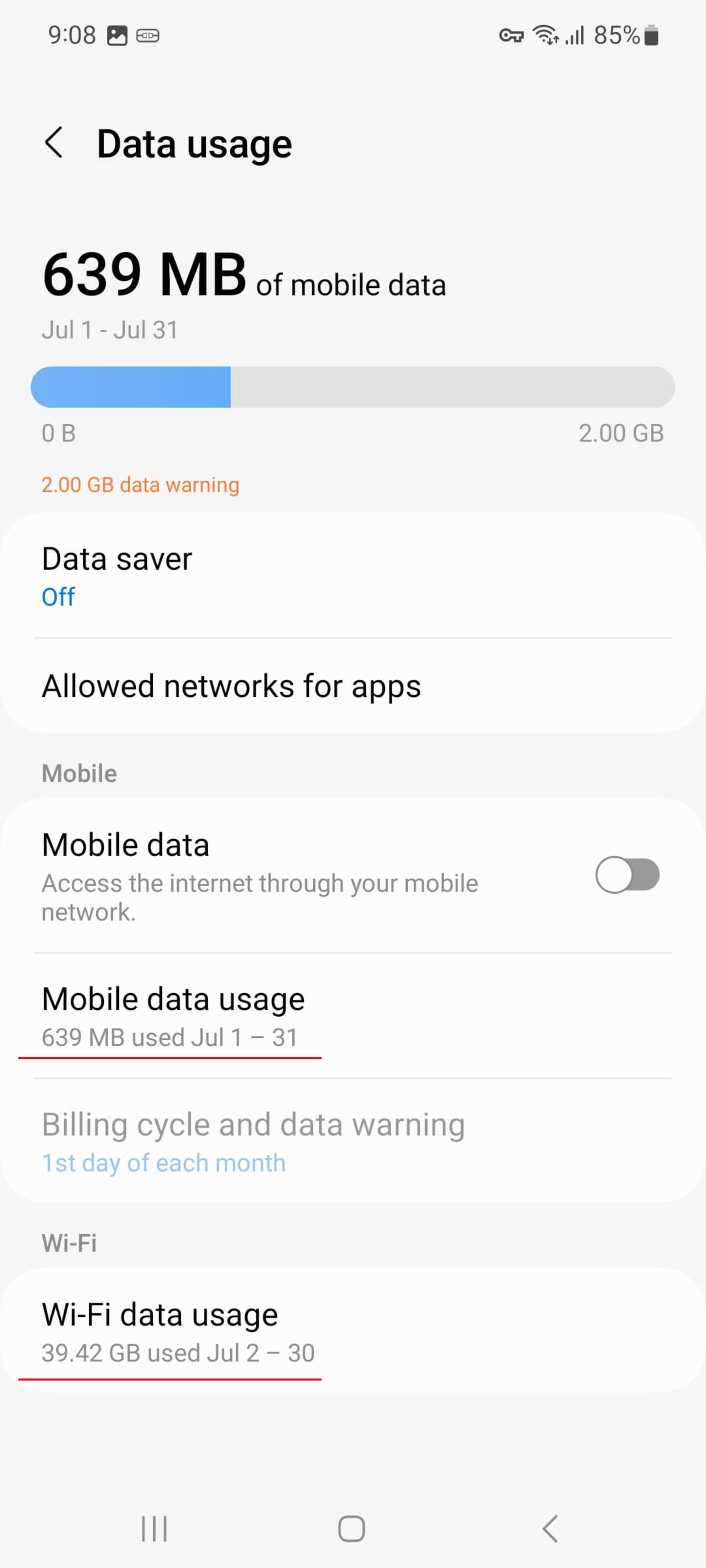 صفحه Data Usage گوشی سامسونگ