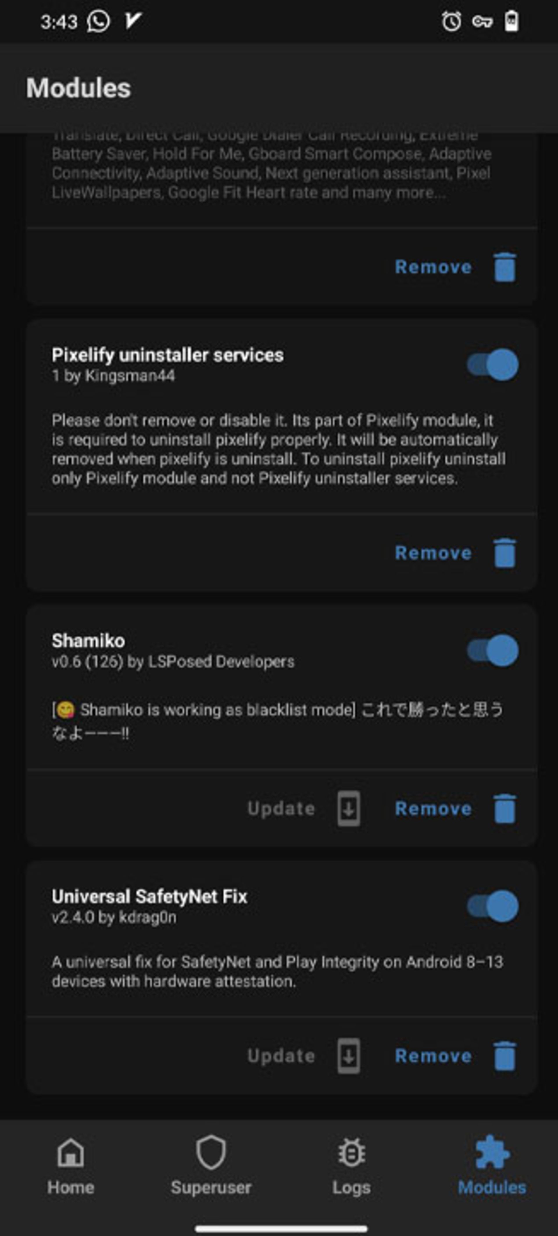 بخش Modules در تنظیمات برنامه‌ی Magisk