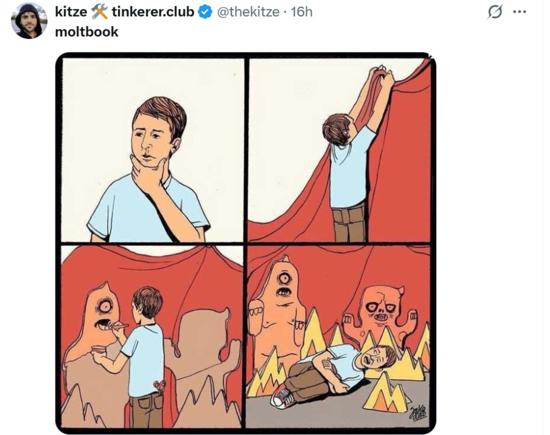 نمای کارتونی از یک پسربچه در حال نصب پارچه قرمز و نقاشی چند هیولا