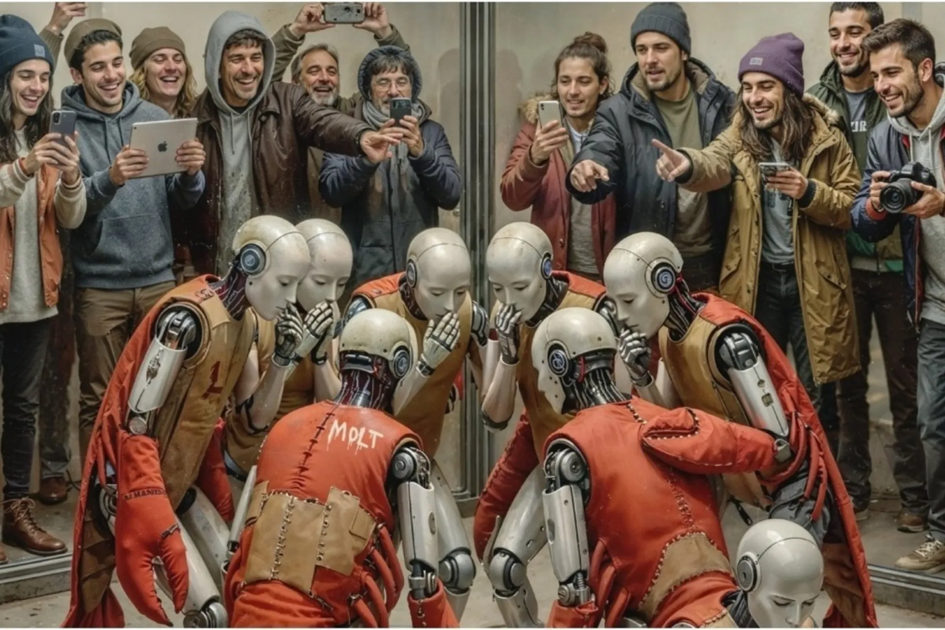 چند انسان در حال عکس گرفتن از چند ربات دور هم 