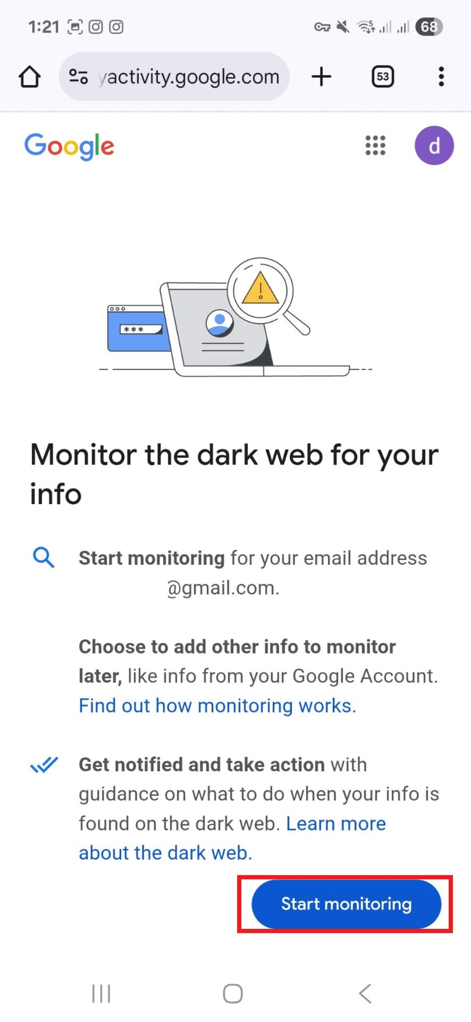 بررسی حساب‌ها و اطلاعات در Dark web report گوگل