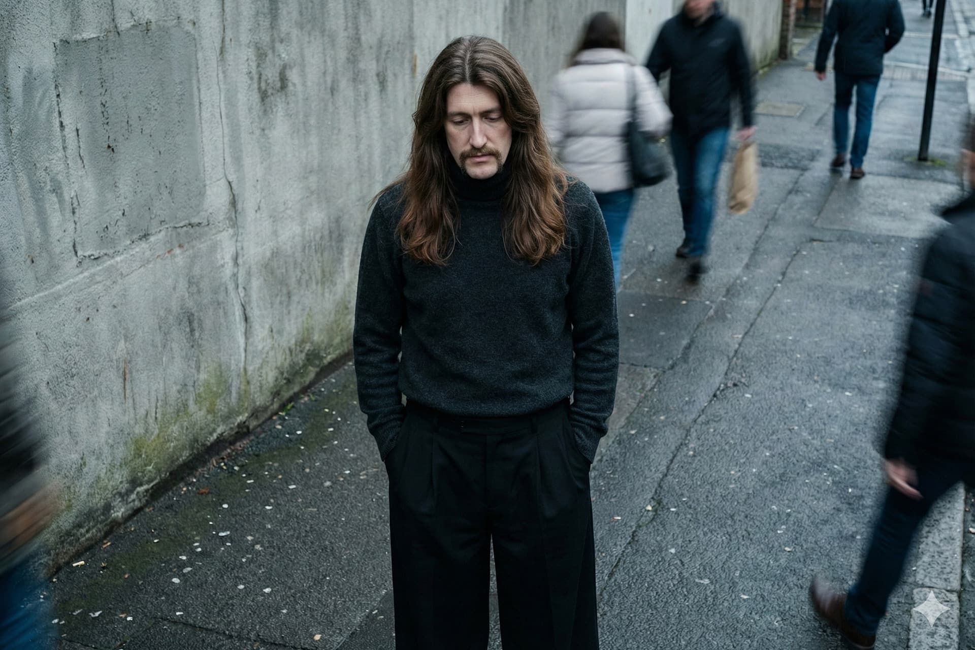 مردی با سبیل و موهای بلند با حالت چهره‌ی گرفته و غمگین در خیابان