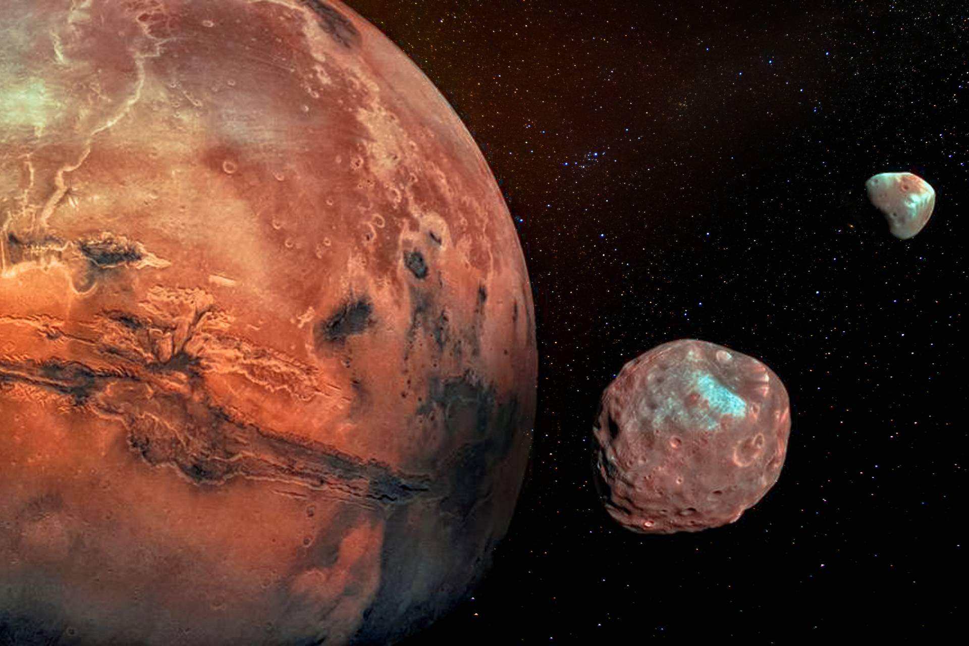 نمای نزدیک از سیاره مریخ و فوبوس و دیموس دو قمر سیاره سرخ