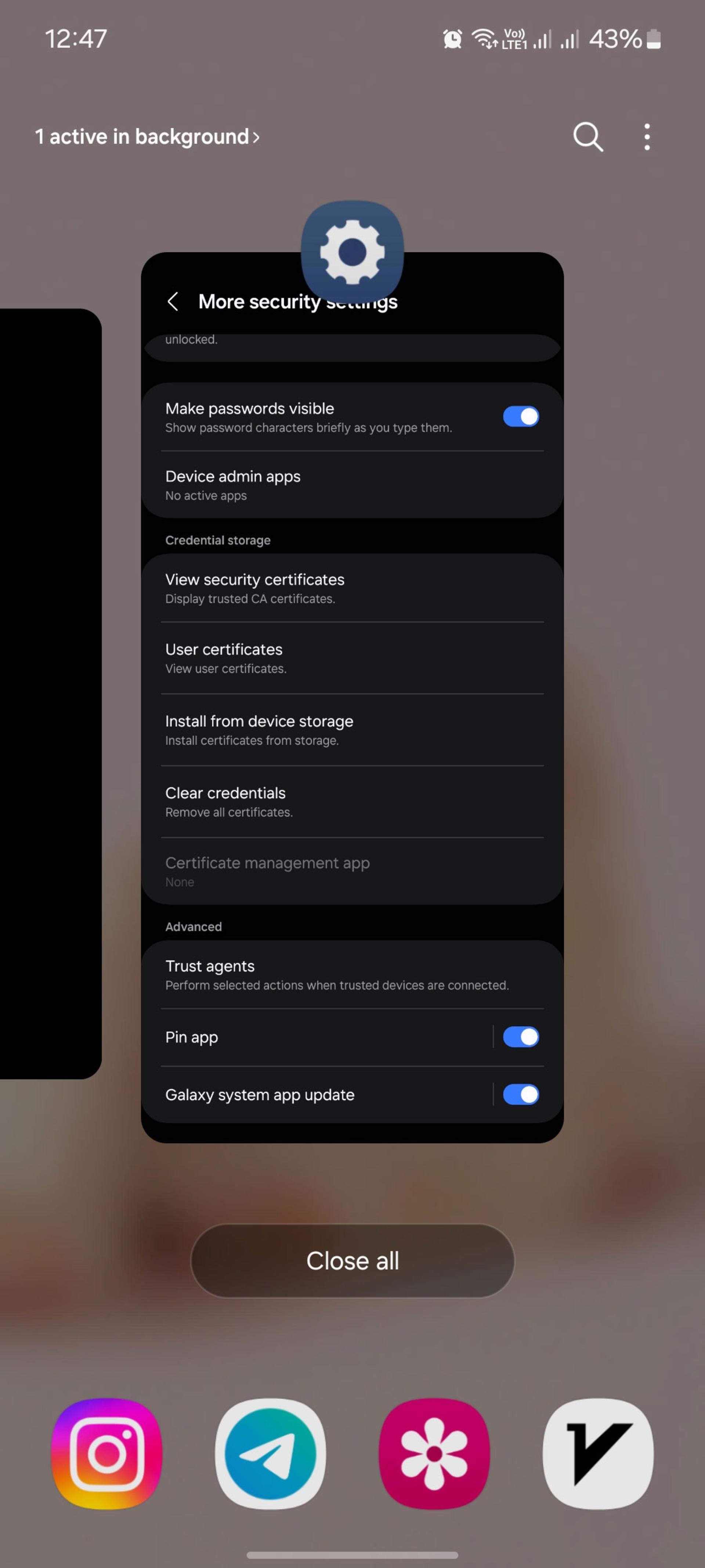 منوی More security settings