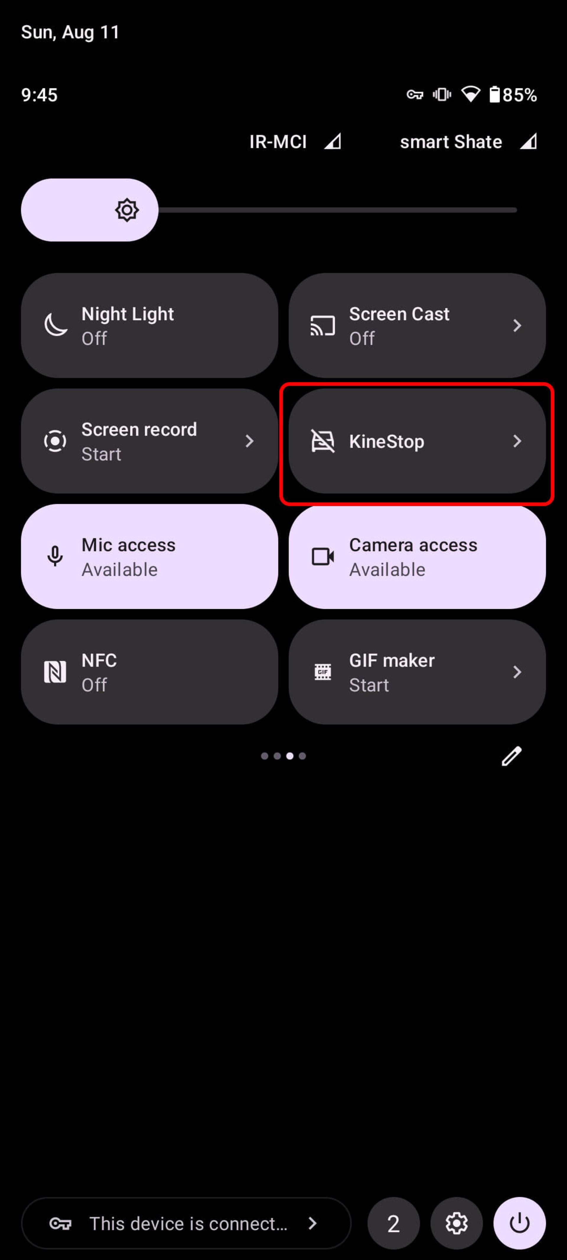 اضافه‌ شدن برنامه KineStop به بخش تنظیمات سریع (Quick Settings) اندروید