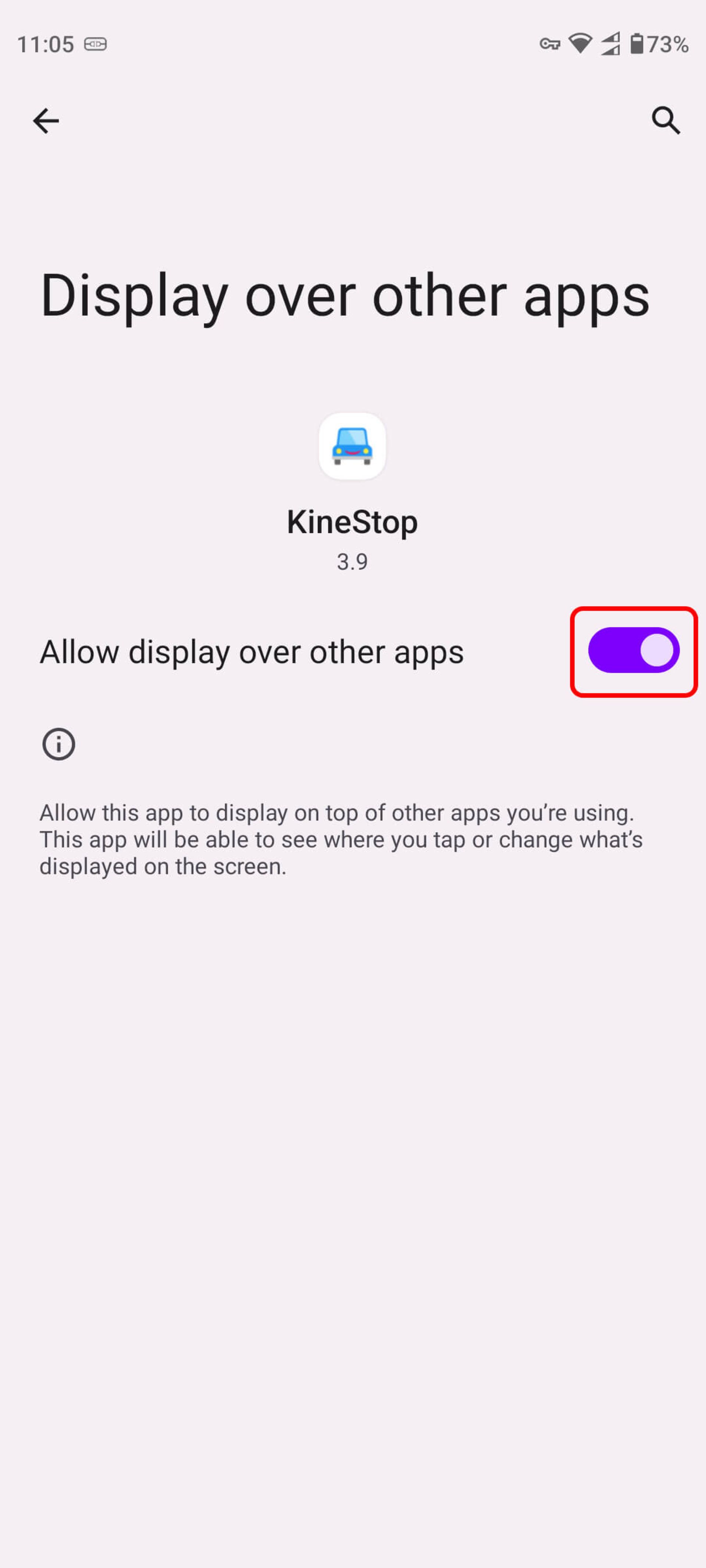 روشن کردن دکمه Allow display over other apps برنامه kinestop