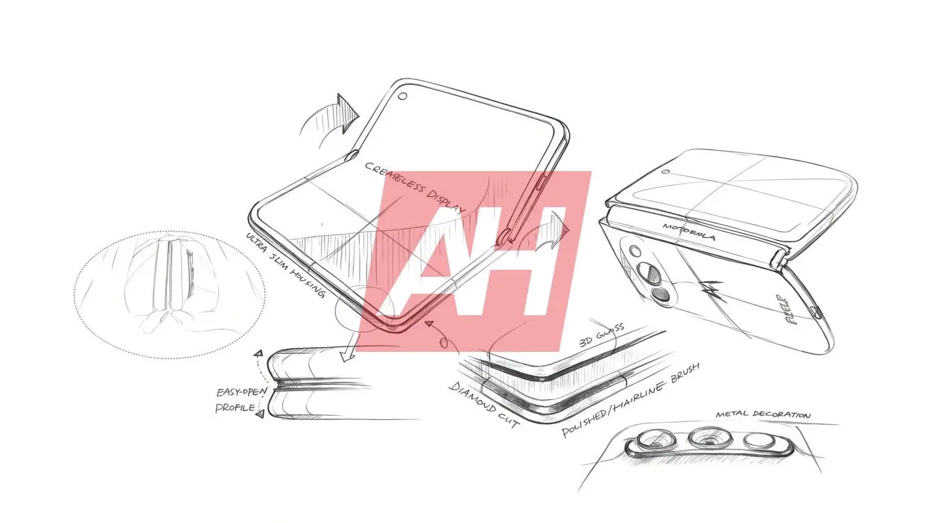 طرح دستی و اسکچ گوشی تاشو موتورولا (Motorola) با جزئیات نمایشگر و بدنه