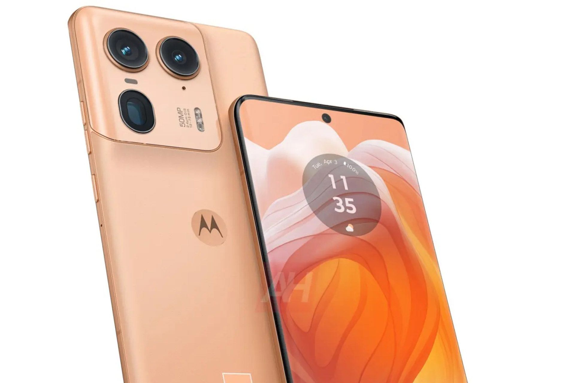 رندر فاش شده از نمای پنل جلو در کنار پنل پشتی موتورولا اج ۵۰ اولترا در رنگ هلویی