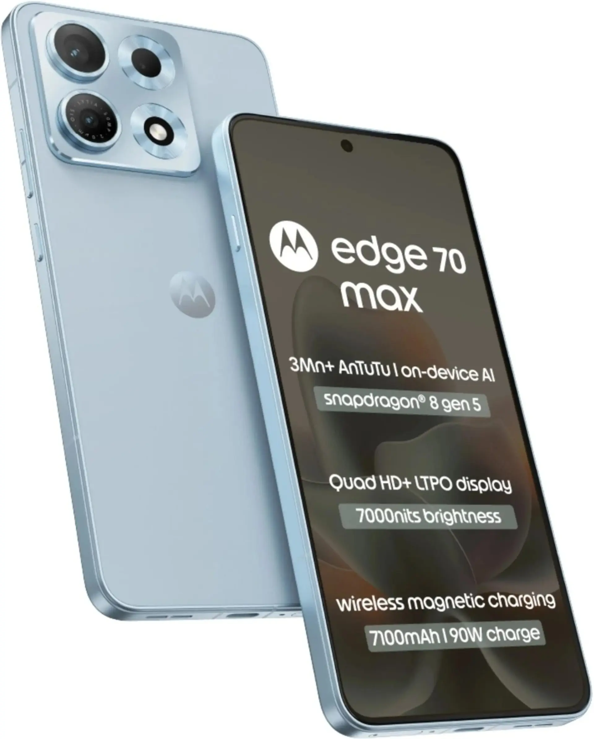 نمای پشت و جلوی گوشی هوشمند موتورولا مدل edge 70 max با رنگ آبی روشن و مشخصات فنی روی صفحه نمایش