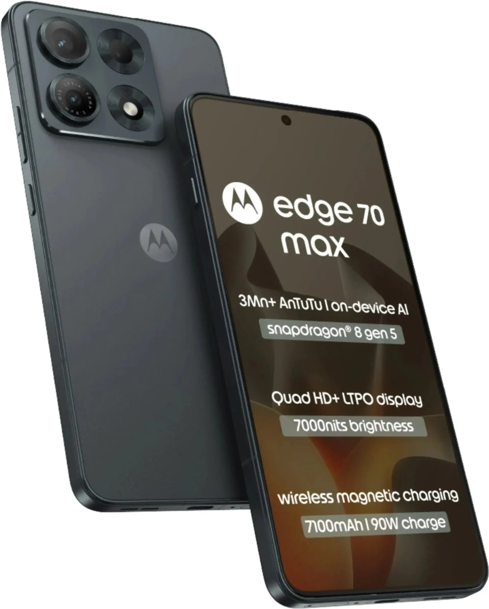 نمای جلوی و پشت گوشی هوشمند موتورولا مدل edge 70 max با مشخصات فنی نمایش داده شده