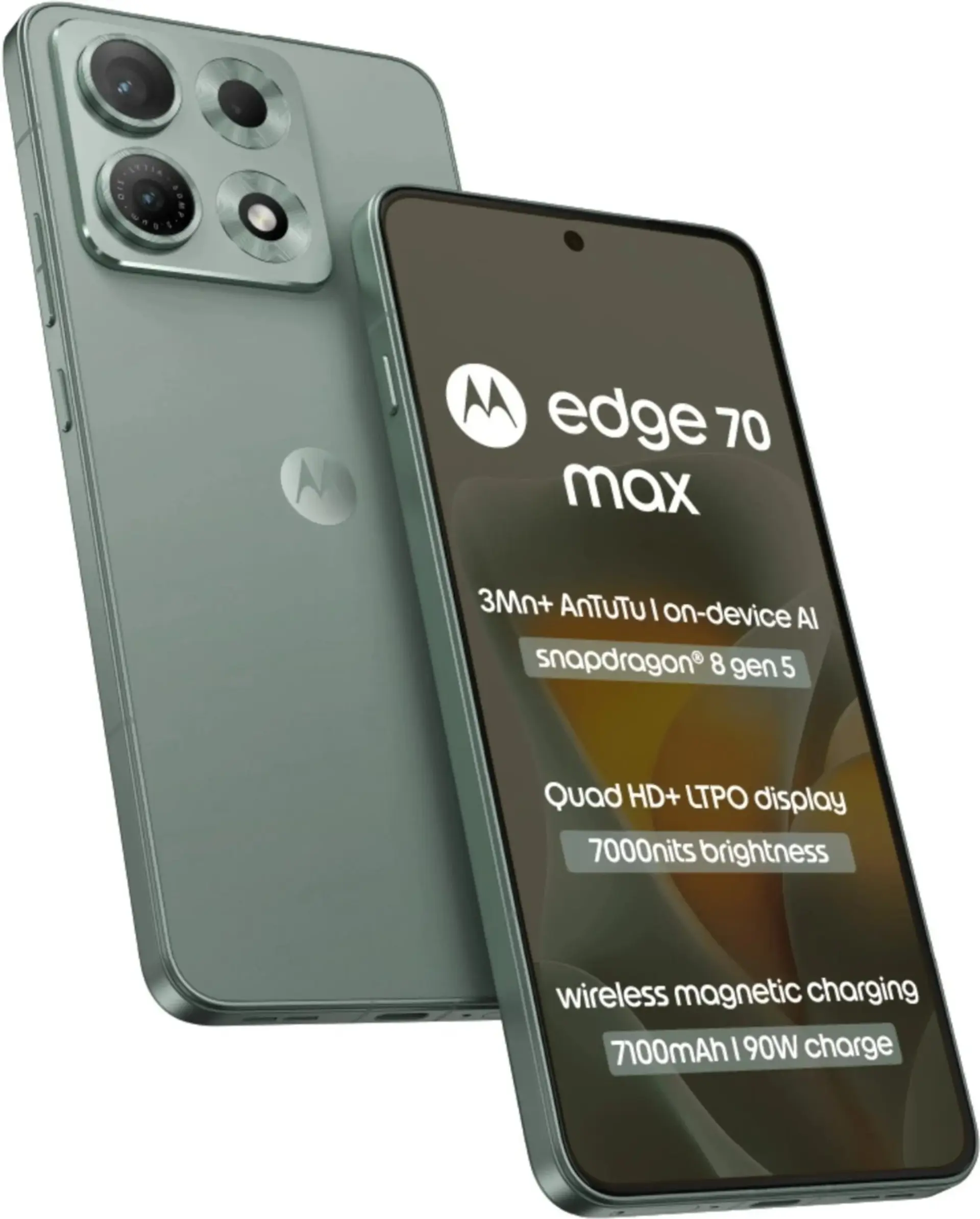 نمای جلوی و پشت گوشی هوشمند موتورولا مدل edge 70 max با رنگ سبز و مشخصات فنی روی صفحه