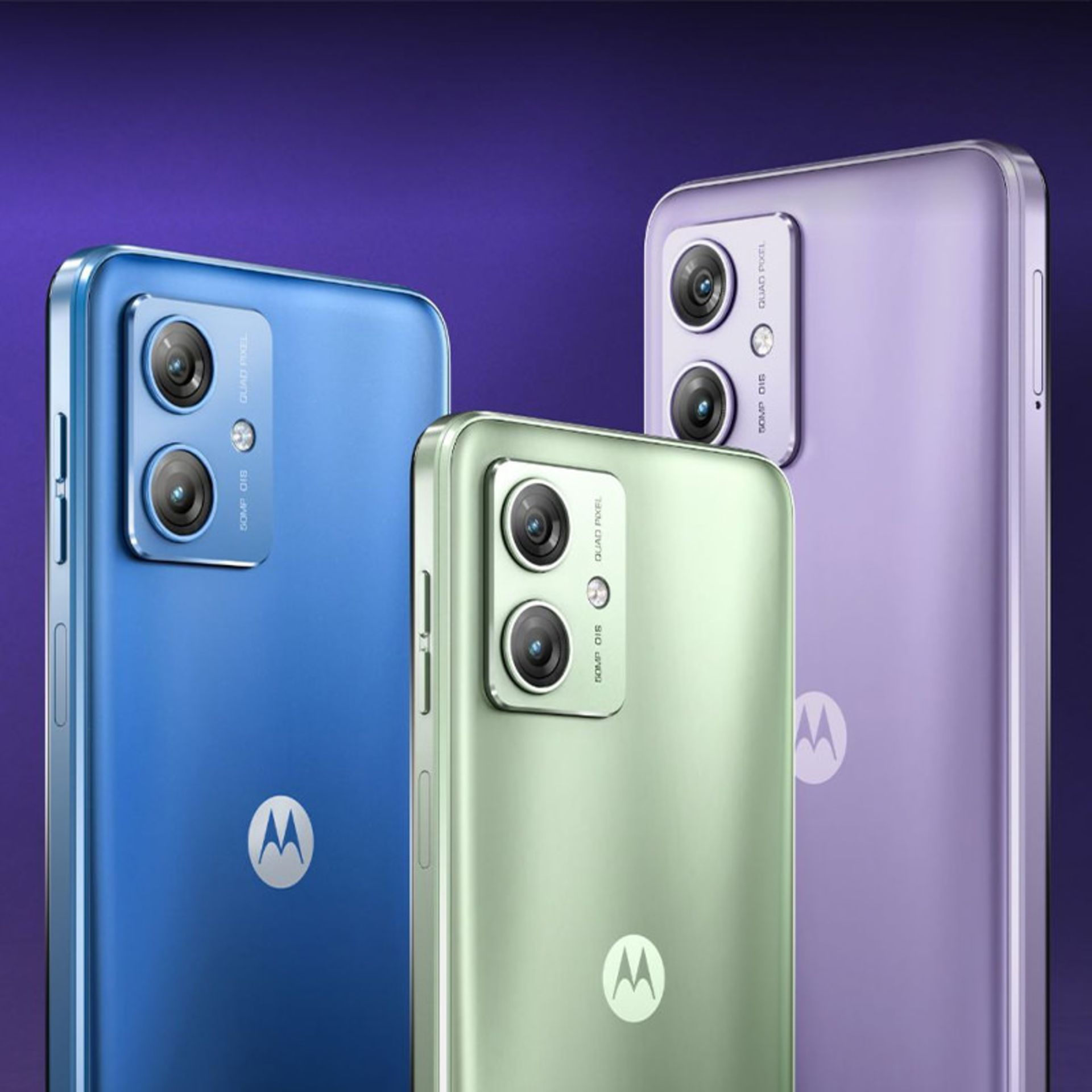 نمای پشت گوشی موتورولا مدل موتو G64 5G در سه رنگ آبی، سبز و یاسی