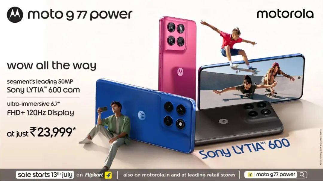 نمای تبلیغاتی گوشی هوشمند موتورولا مدل moto g77 power در رنگ‌های صورتی، آبی و مشکی با نمایش ویژگی‌های دوربین و صفحه نمایش