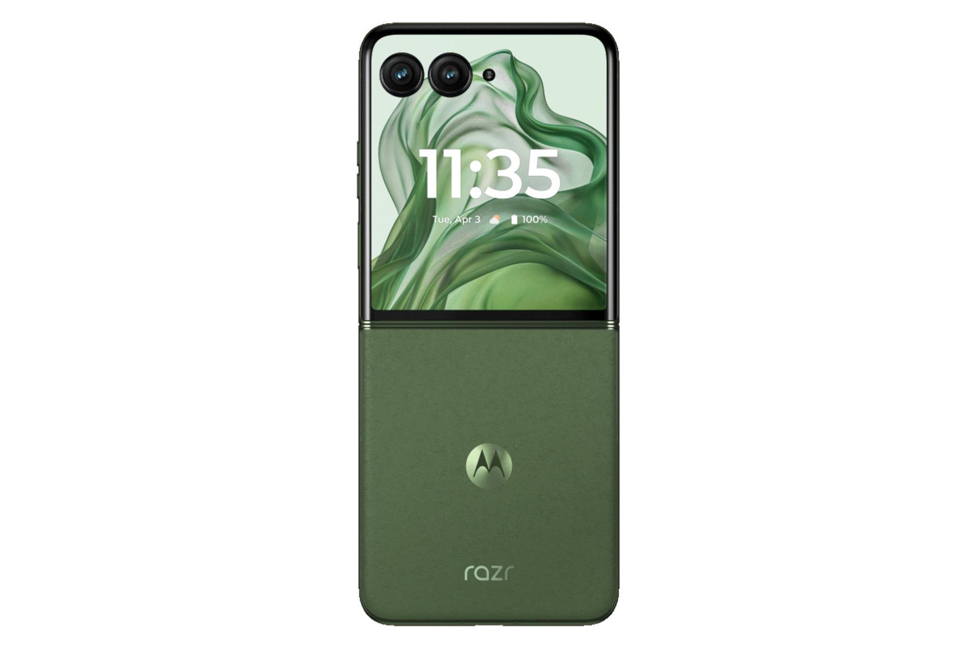 The back panel of the green Motorola Razr 50 Ultra mobile phone / Motorola Razr 50 Ultra