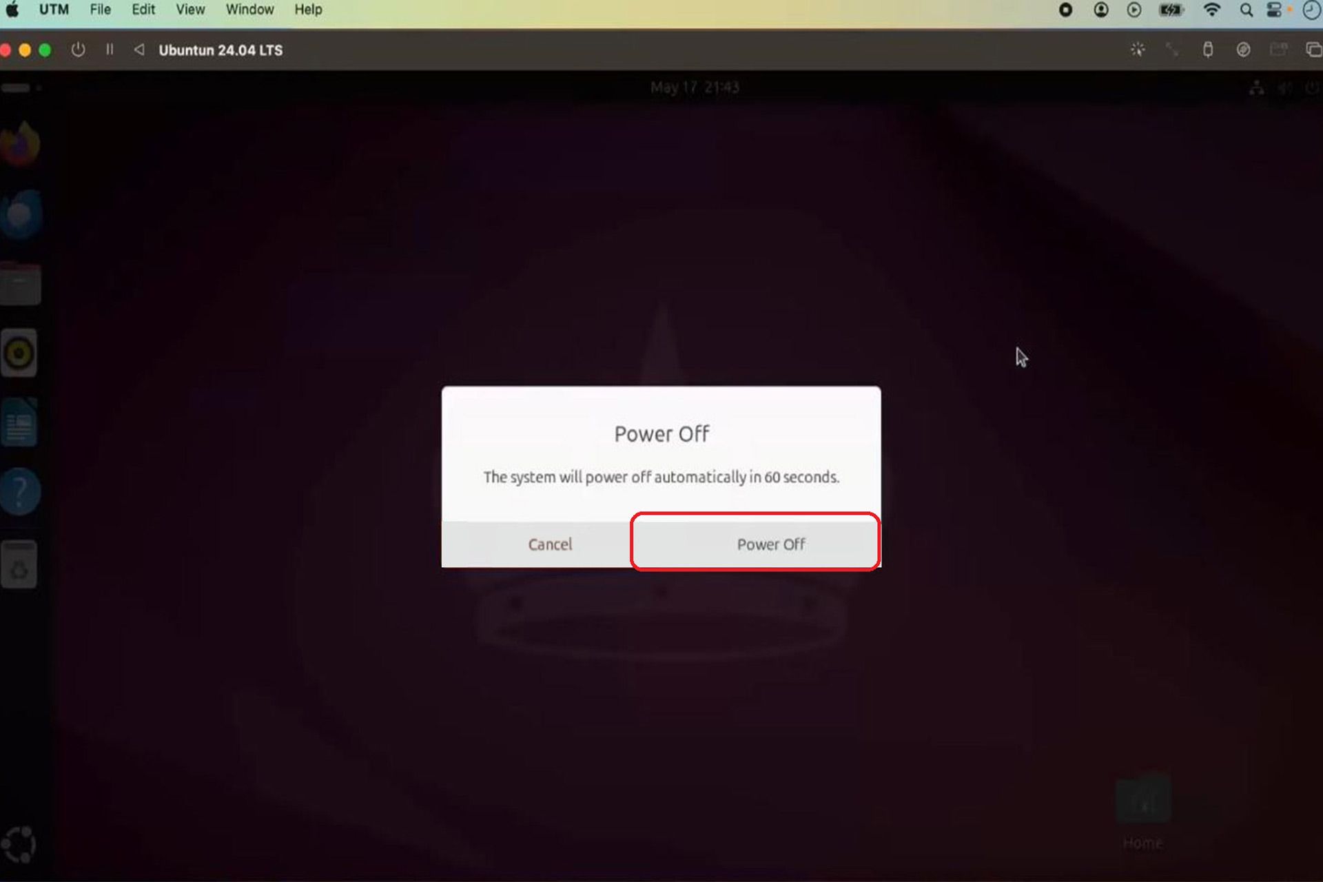 پنجره تایید نهایی خاموش کردن توزیع اوبونتو نصب شده روی مک در نرم افزار UTM