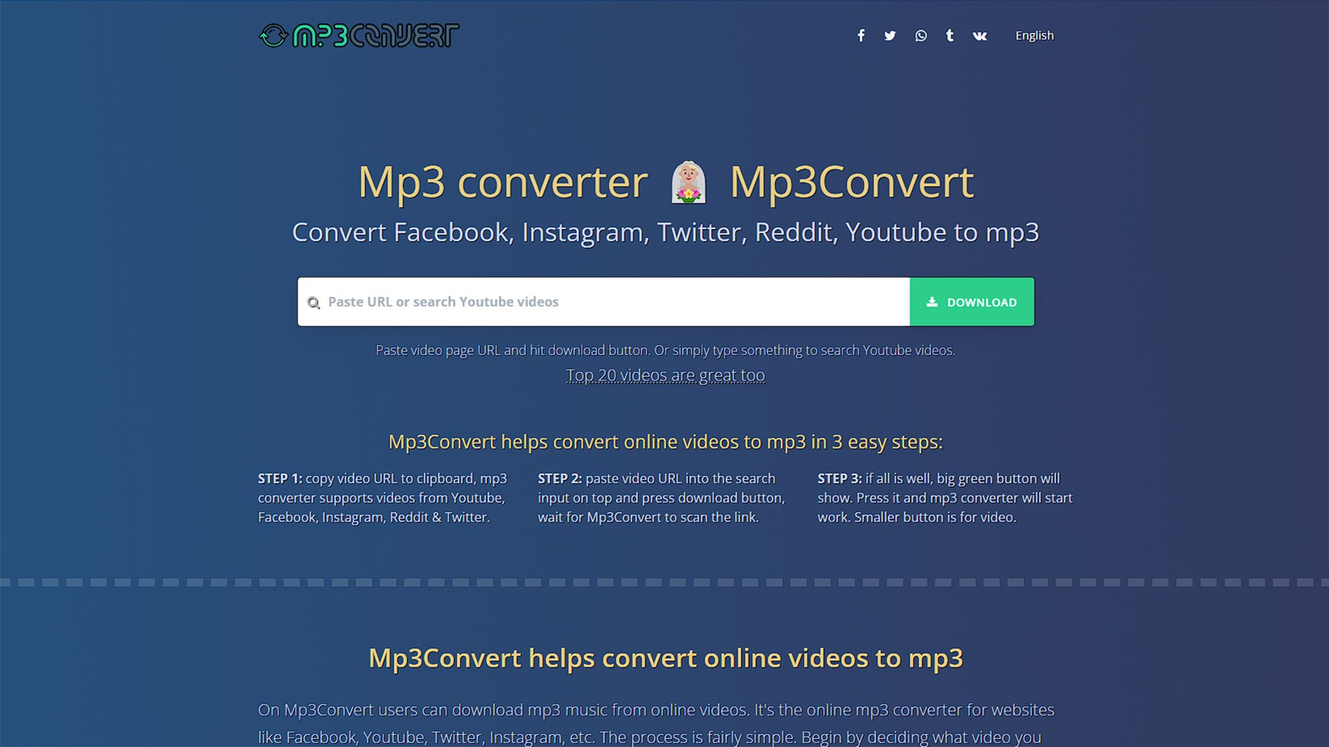 سایت mp3convert و باکس لینک در وسط آن که در کنارش دکمه دانلود دیده می شود