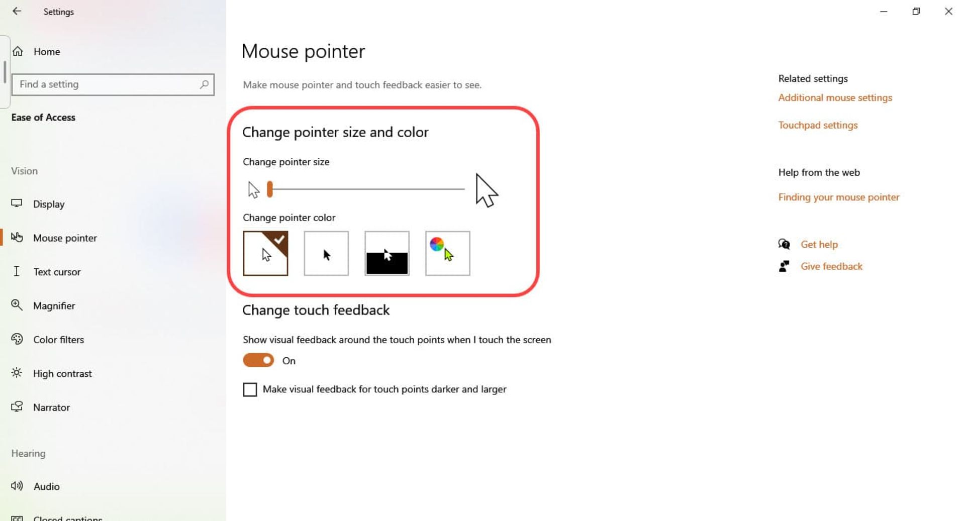 محیط تنظیمات ویندوز و تغییر اندازه ماوس در ویندوز 10