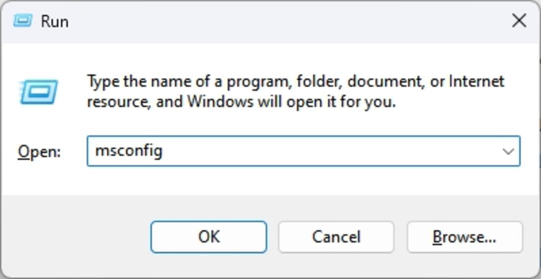 پنجره‌ی Run ویندوز با ورودی msconfig