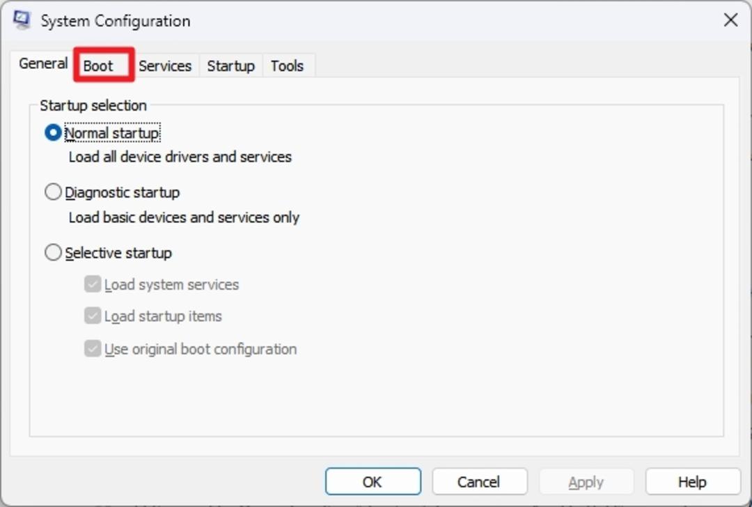 پنجره‌ی System Configuration و انتخاب تب Boot