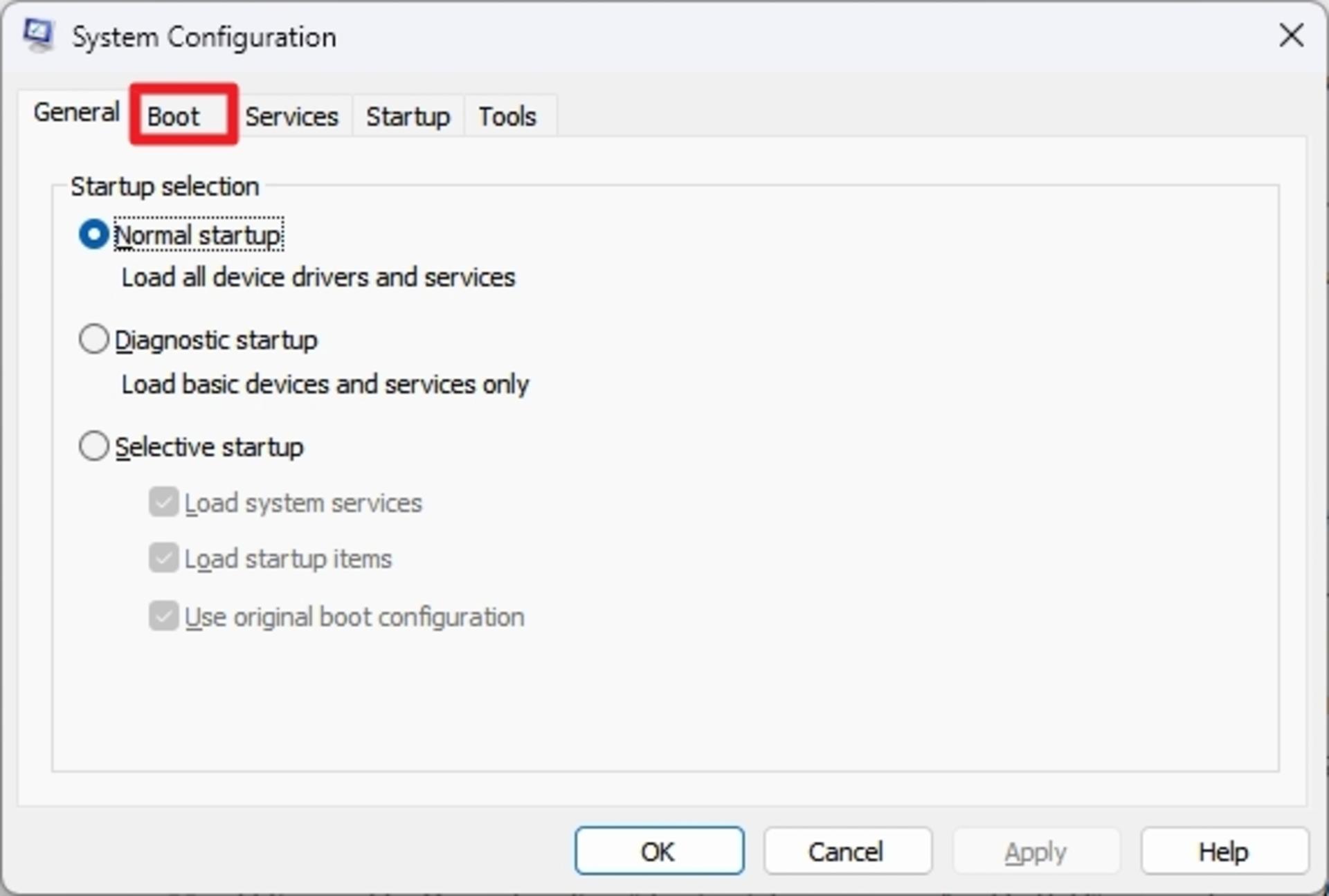 پنجره‌ی System Configuration و انتخاب تب Boot