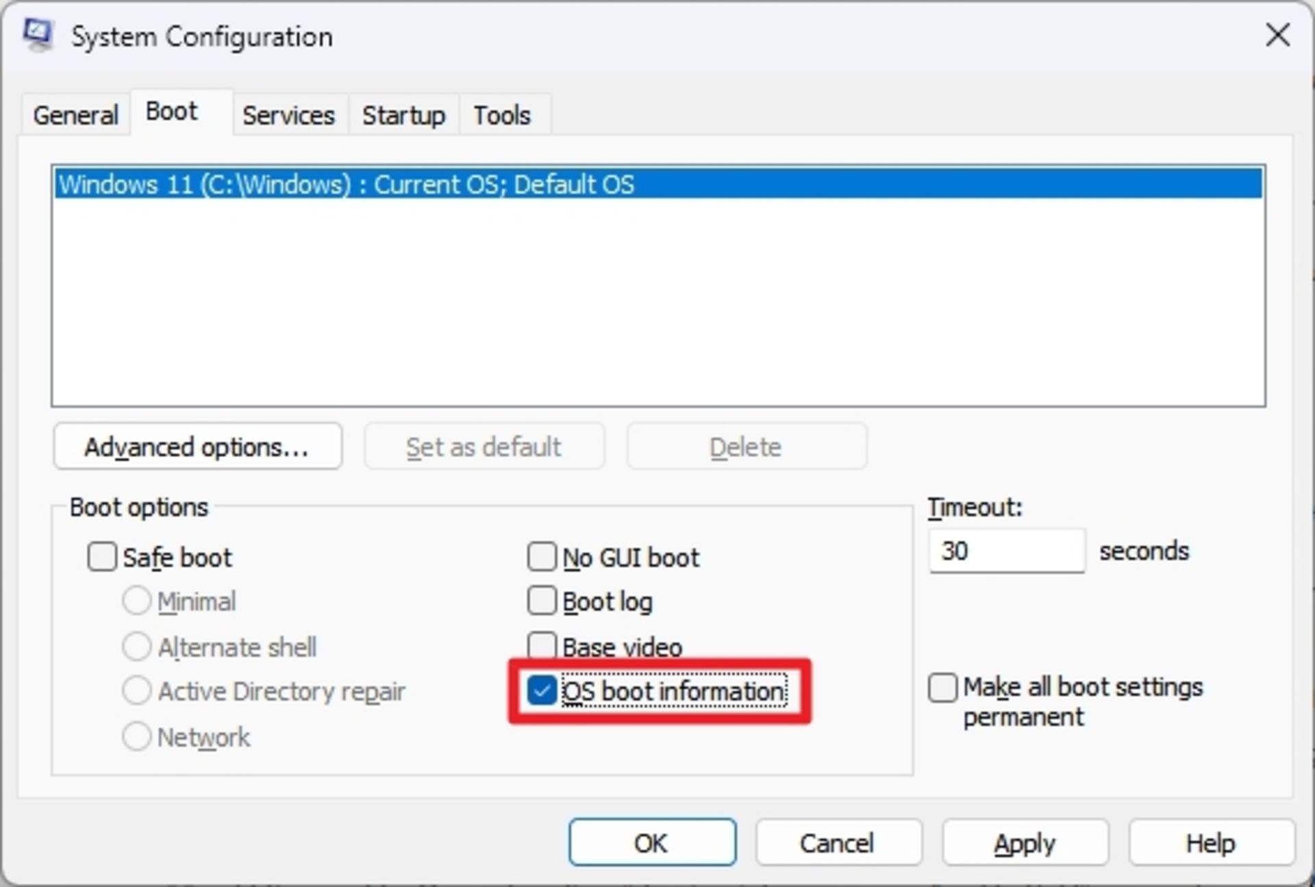 تب Boot در پنجره‌ی System Configuration و فعال کردن گزینه‌ی OS boot information