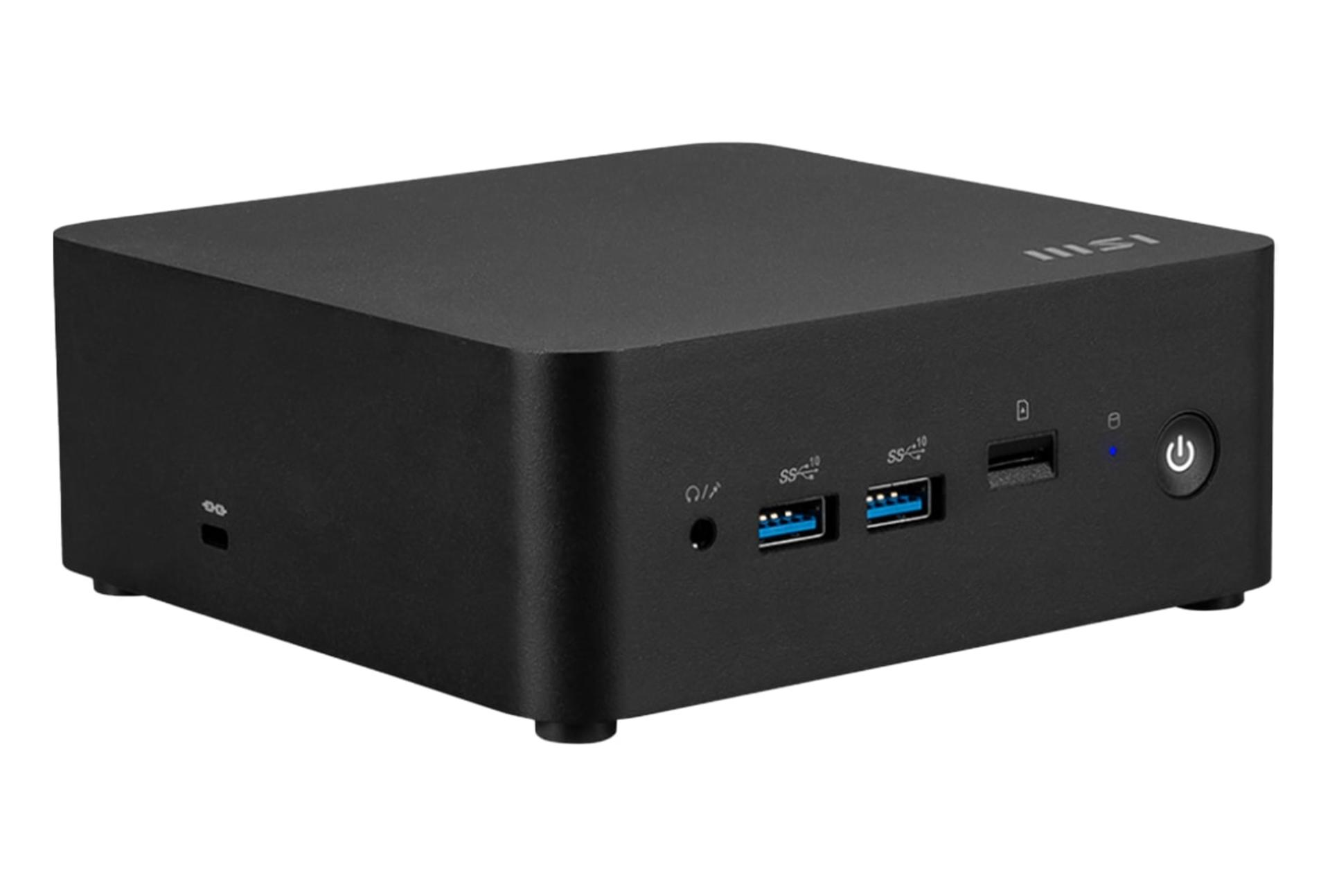 نمای نیمرخ کامپیوتر کوچک Cubi NUC 1M ام اس آی با نمایش پنل جلو، بالا و سمت چپ