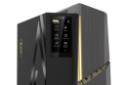 نمای نزدیک پنل جلوی کیس اسمبل شده MEG Trident X2 14th ام اس آی با نمایش نمایشگر و لوگو