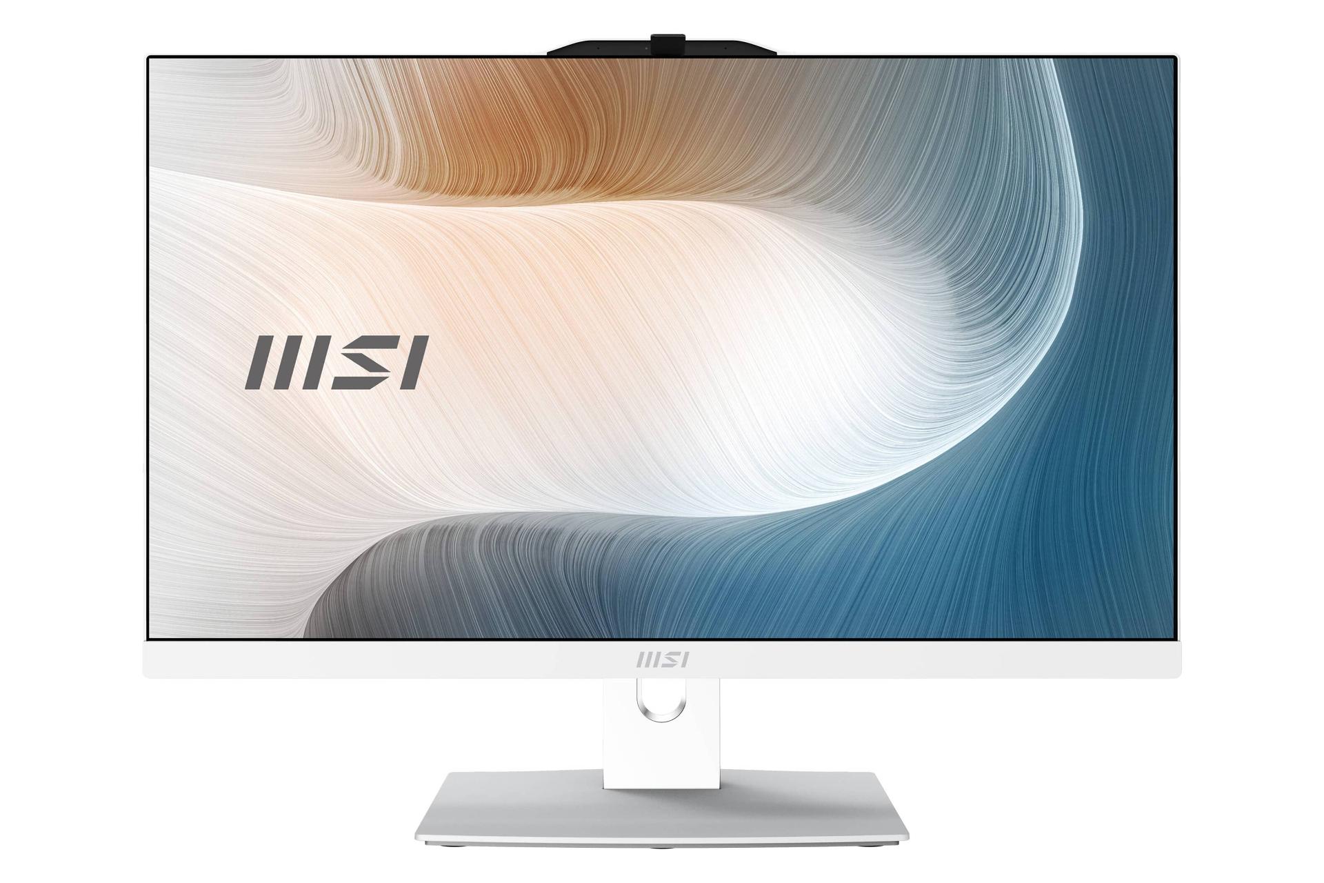 نمای رو به روی کامپیوتر همه کاره Modern AM272P 1M ام اس آی با نمایشگر روشن و نمایش وبکم رنگ سفید
