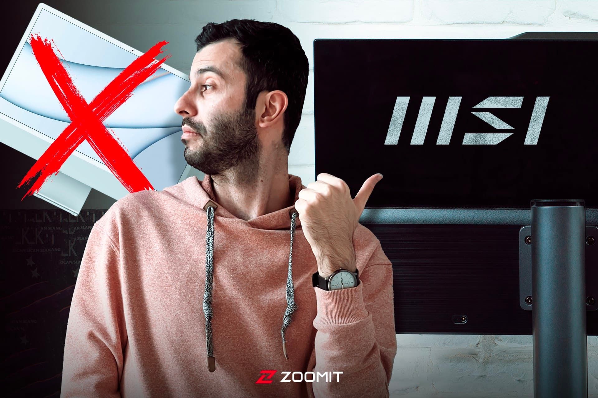 پسر جوان با هودی در کنار آل این وان MSI ‌و آی مک اپل