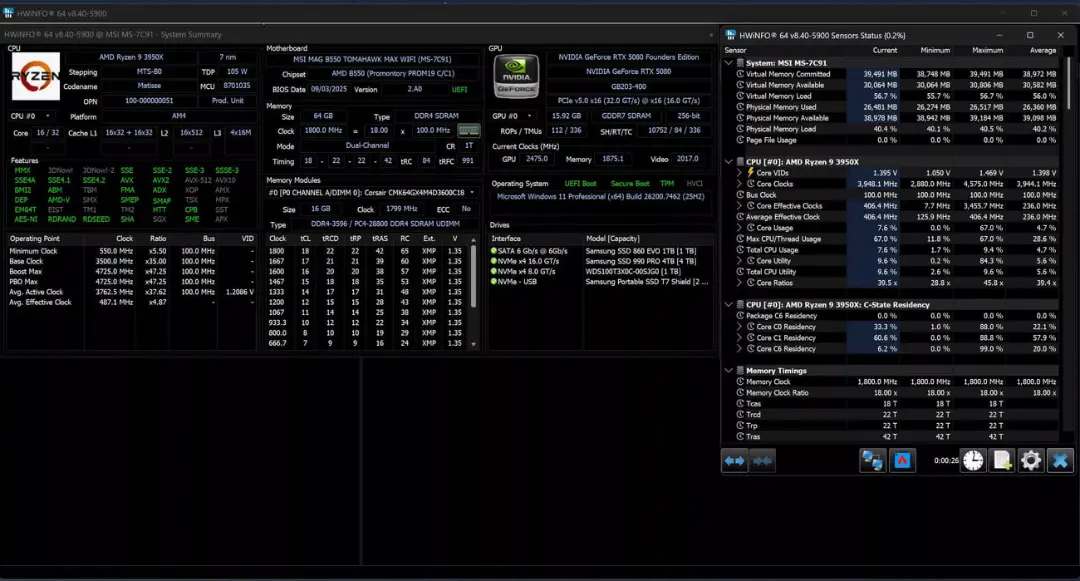 جزئیات سخت‌افزاری سیستم شامل پردازنده Ryzen 9 3950X و کارت گرافیک RTX 5080
