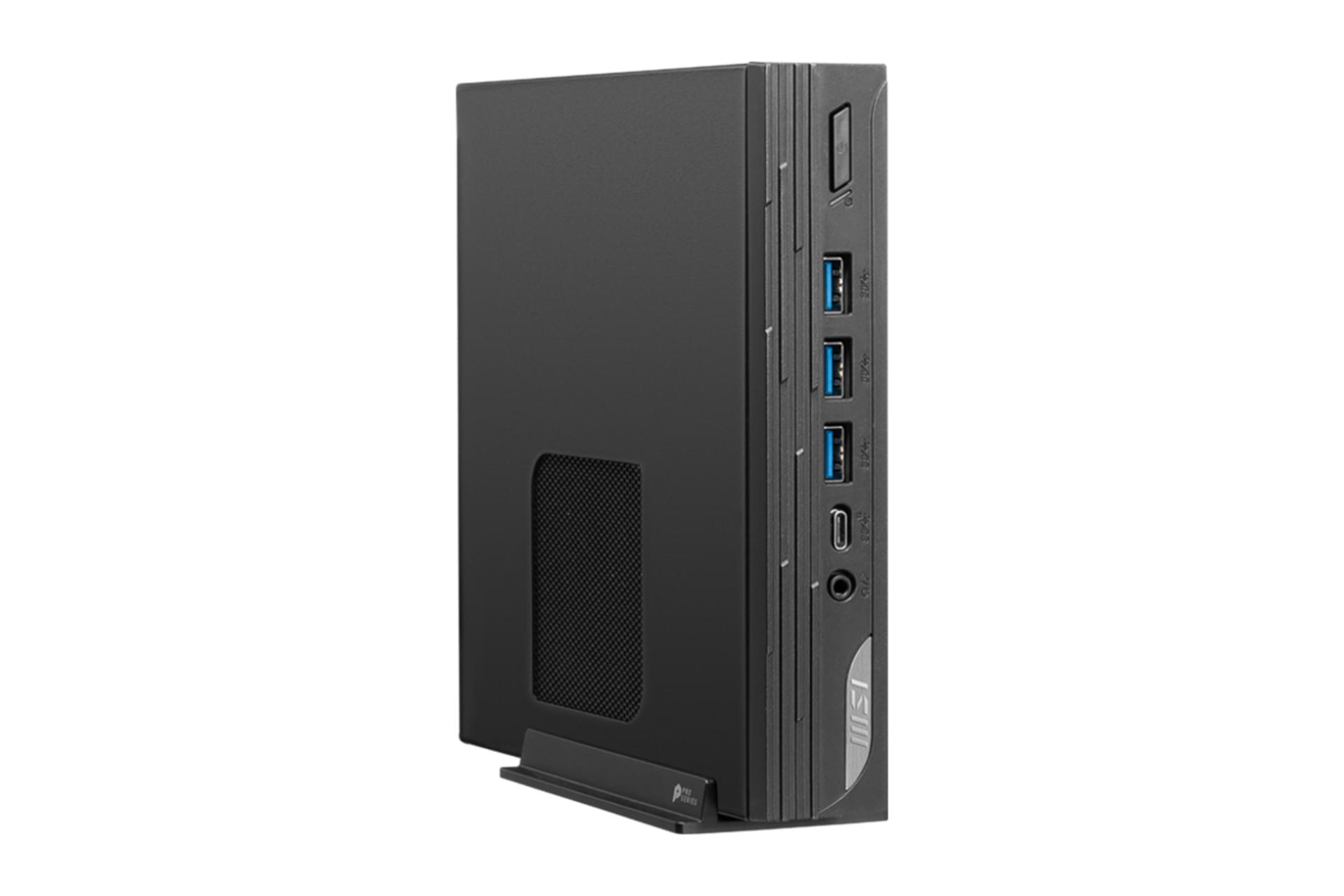 نمای نیمرخ کامپیوتر کوچک PRO DP10 13M ام اس آی با نمایش پنل بالا و منافذ عبور هوا در حالت ایستاده و درگاه های پنل جلو رنگ مشکی