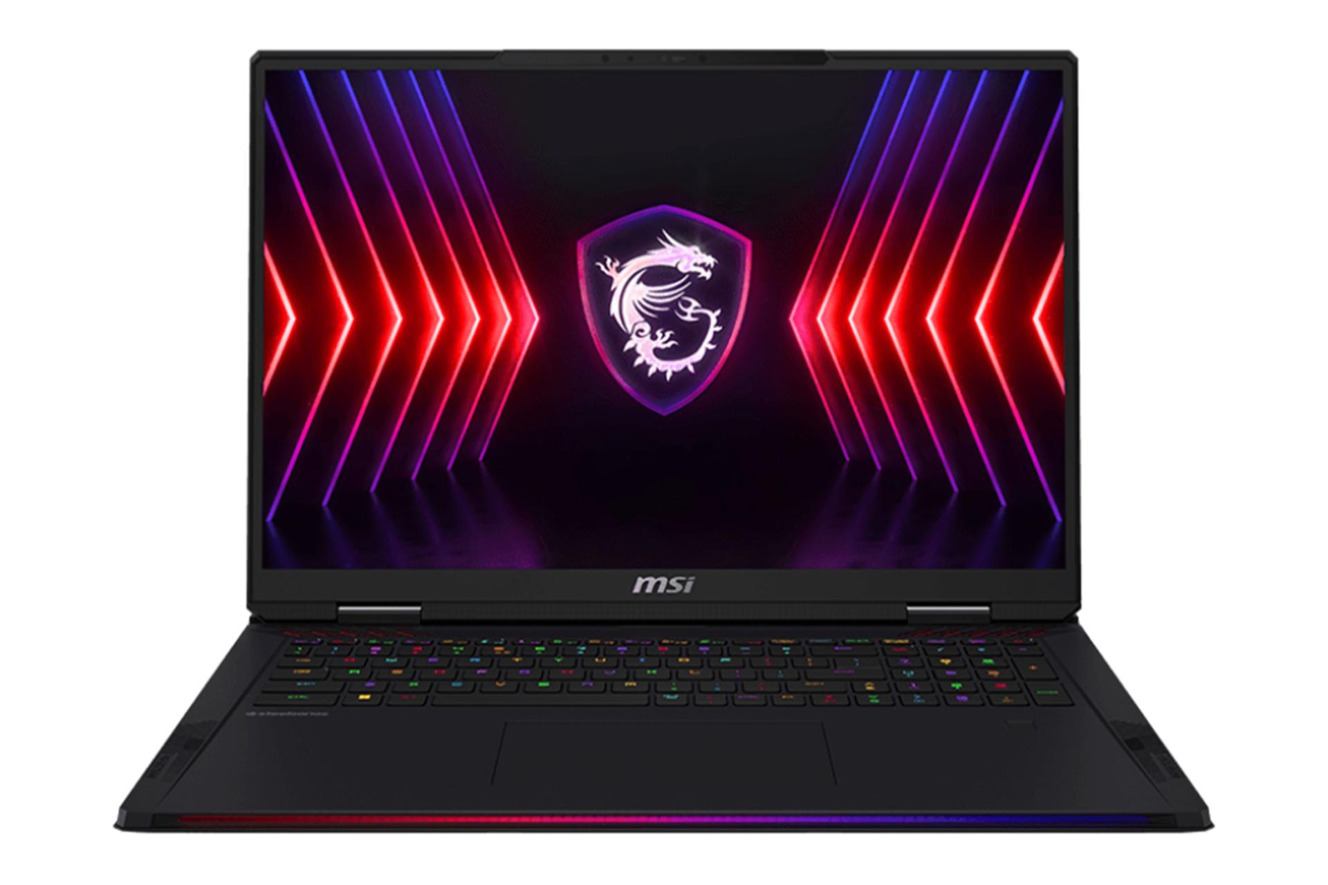 نمای روبه‌روی لپ تاپ Raider 18 HX A14V ام اس آی با نمایشگر روشن و نمایش کیبورد و ترک‌پد