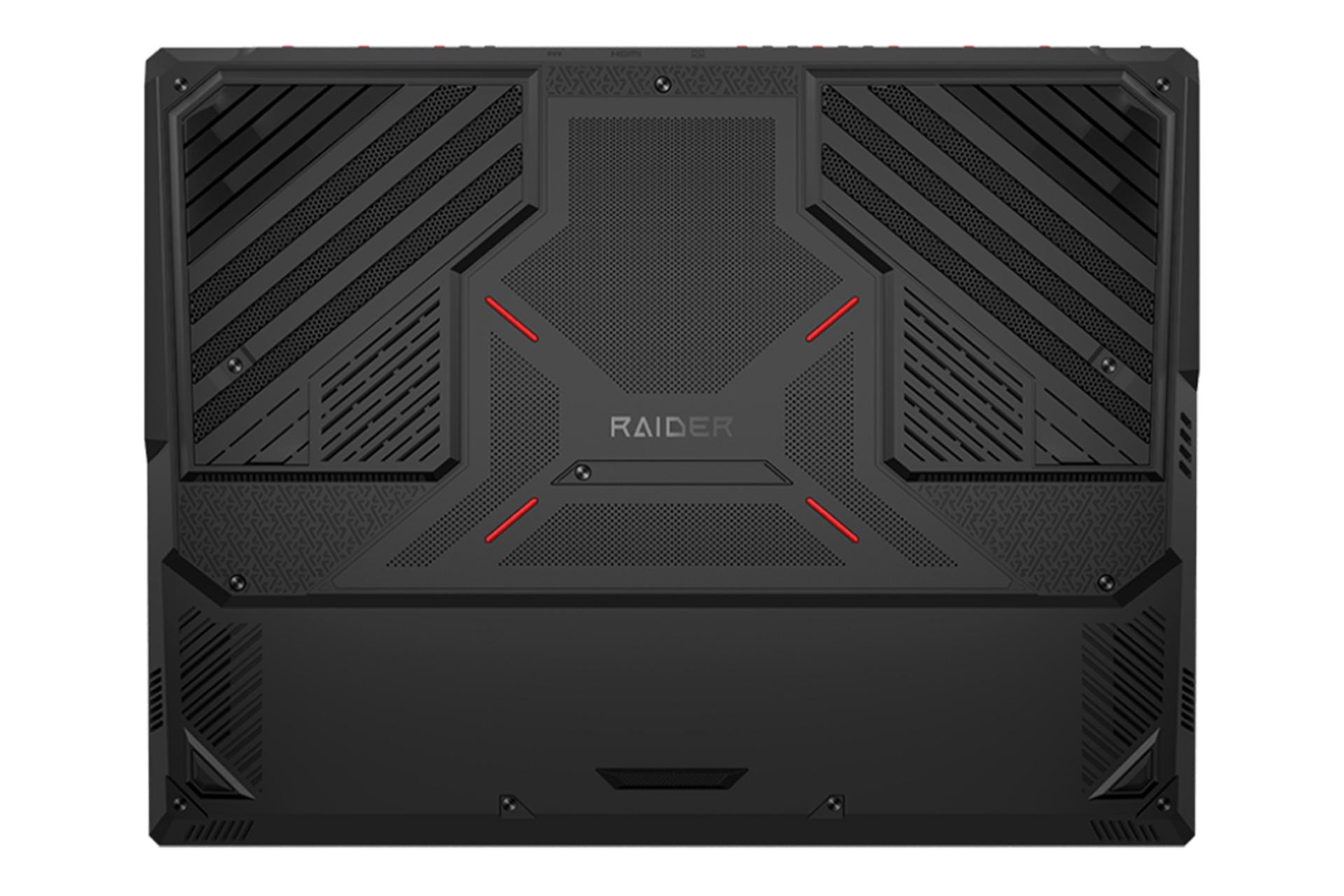 نمای پنل زیرین لپ تاپ Raider 18 HX A14V ام اس آی با نمایش لوگو و منافذ عبور هوا