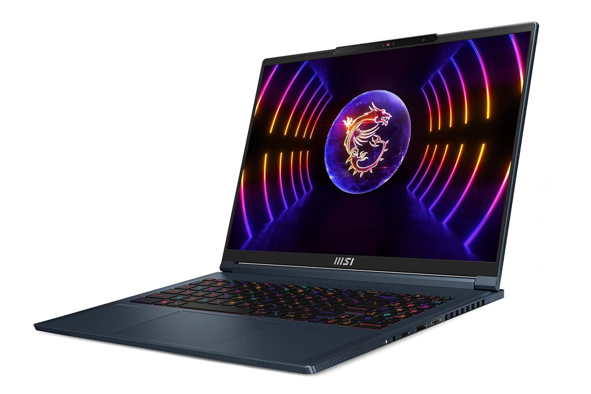 نمای نیمرخ سمت راست لپ تاپ MSI Stealth 16 Studio A13V و نمایش درگاه‌ها و خروجی هوای گرم لبه سمت راست رنگ آبی