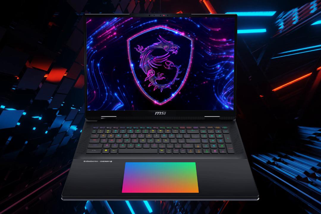 نمای روبروی لپ تاپ MSI Titan 18 HX با ترک پد RGB روشن