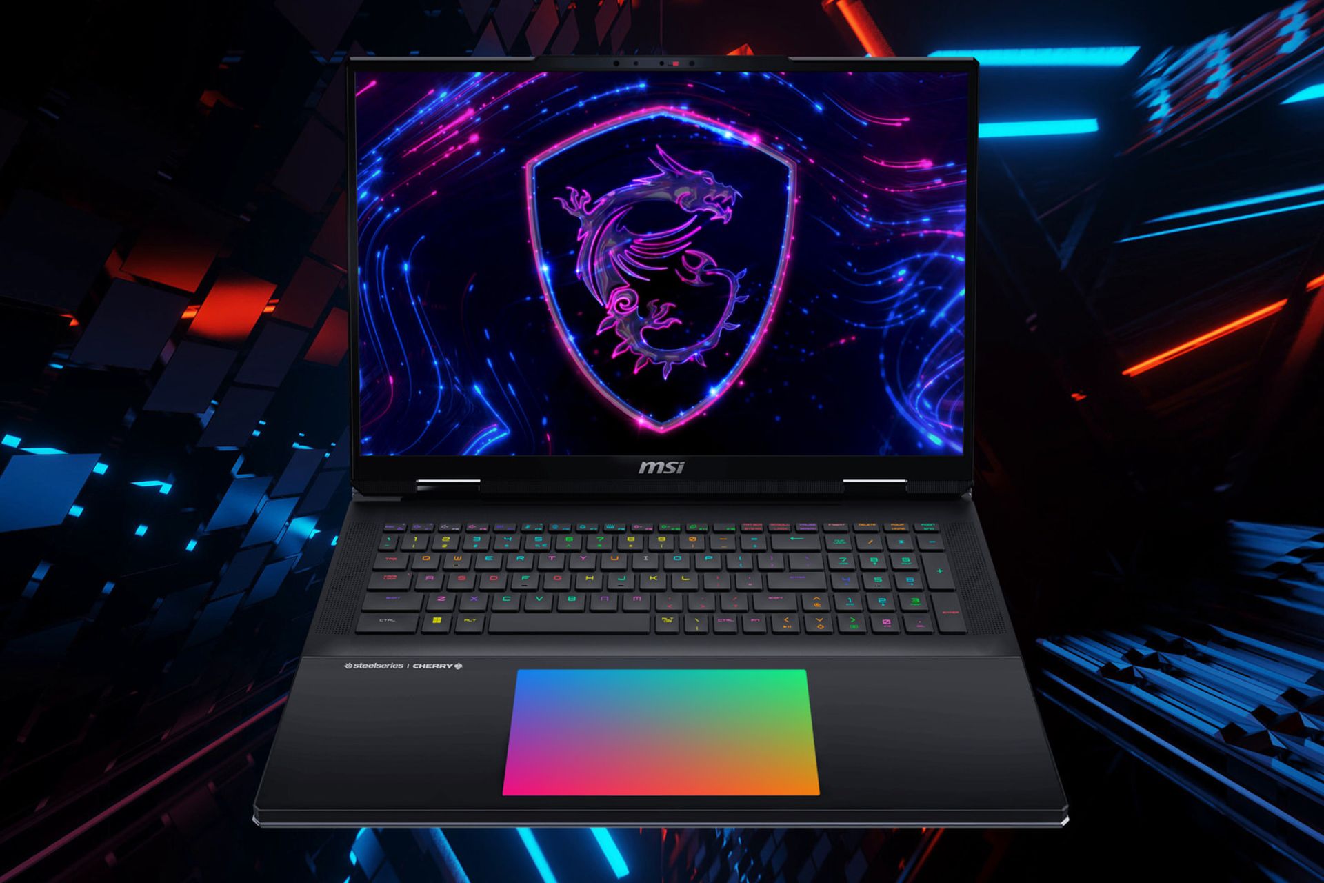 نمای روبروی لپ تاپ MSI Titan 18 HX با ترک پد RGB روشن