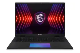 نمای روبه‌روی لپ تاپ Titan 18 HX ام اس آی با صفحه نمایش روشن و نمایش کیبورد و ترک‌پد