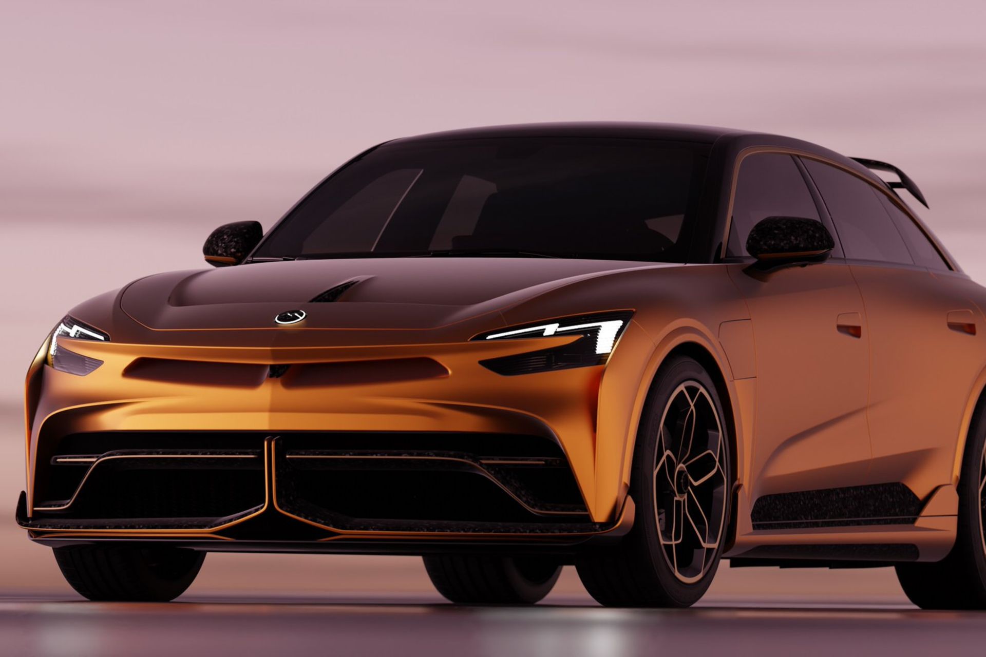 نمای روبروی خودروی الکتریکی Mullen 5 RS در رنگ نارنجی و طراحی چراغ‌های خشمگین
