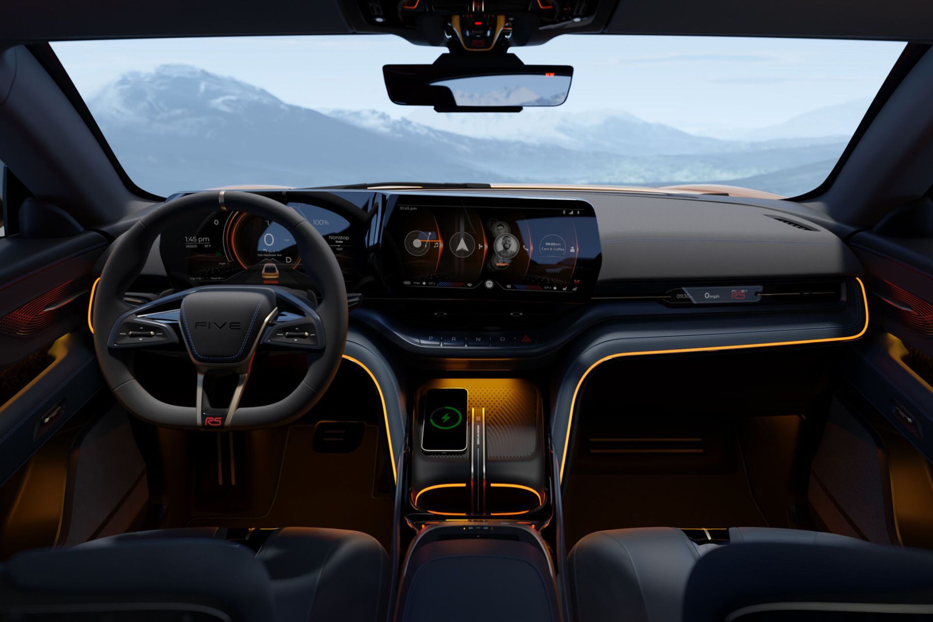 فرمان و کابین جلوی خودروی الکتریکی Mullen 5 RS با نمایشگرهای لمسی و کنسول مرکزی