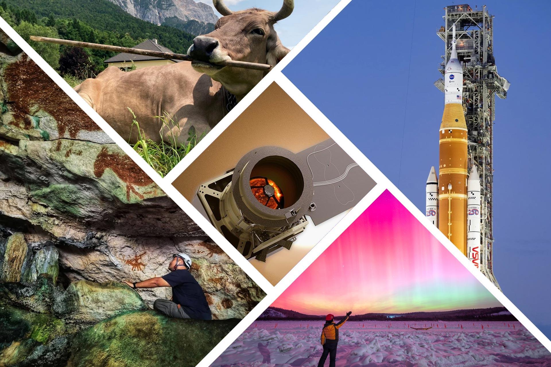 کلاژ ۶ تصویر شامل سنگ‌نگاره، گاو، موشک نارنجی، تلسکوپ فضایی و شفق قطبی