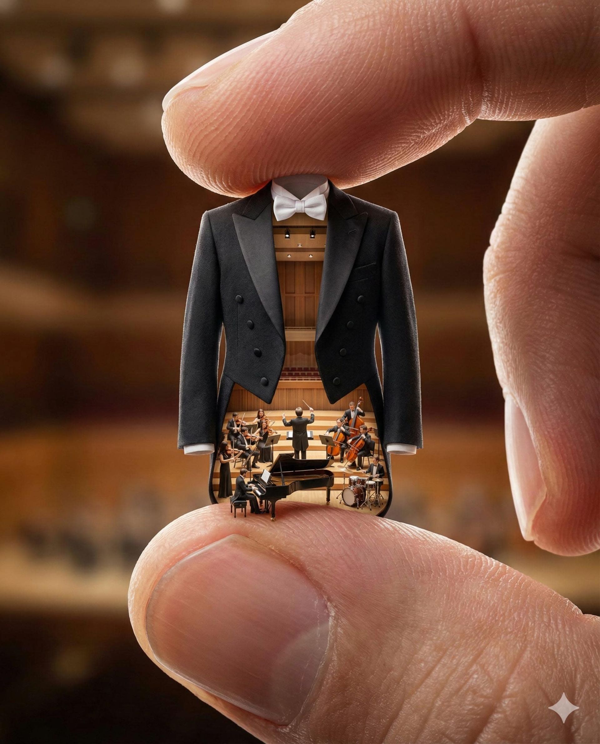 یک کت رهبر ارکستر با دیورامای موزیسین ها در حال کار