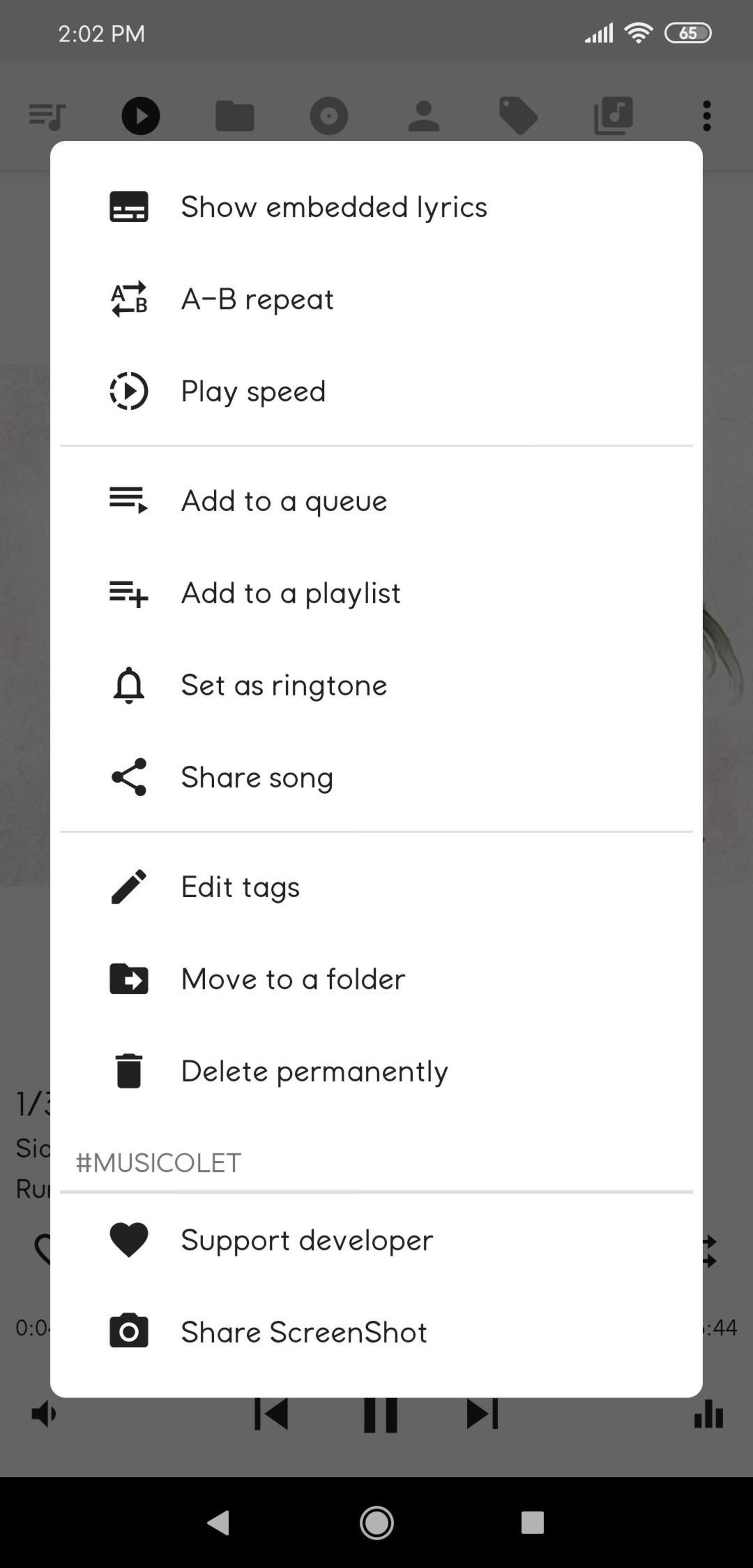 محیط کاربری موزیک پلیر Musicolet