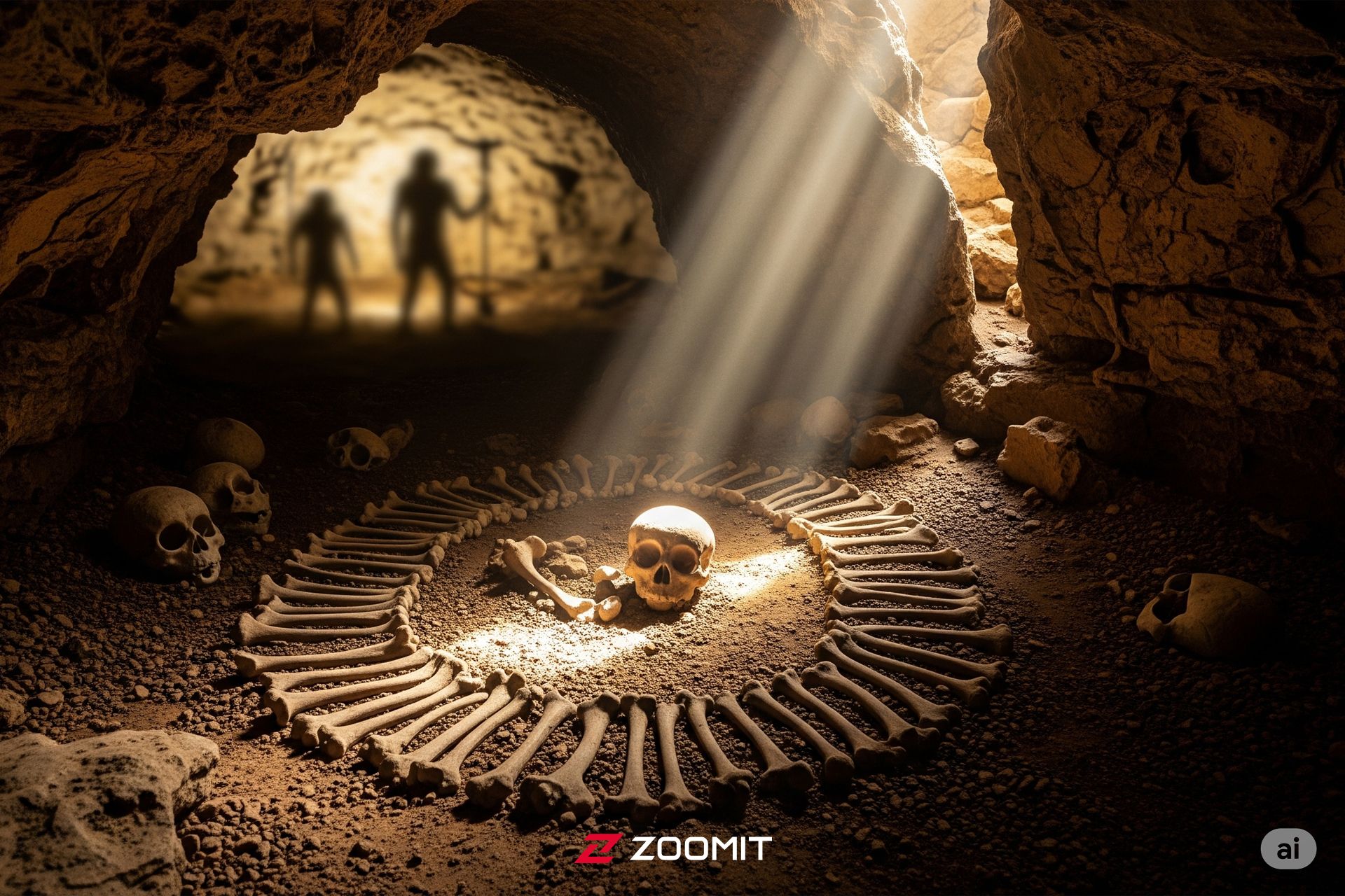 تصویرسازی از استخوان‌های انسان در اعماق غاری تاریک