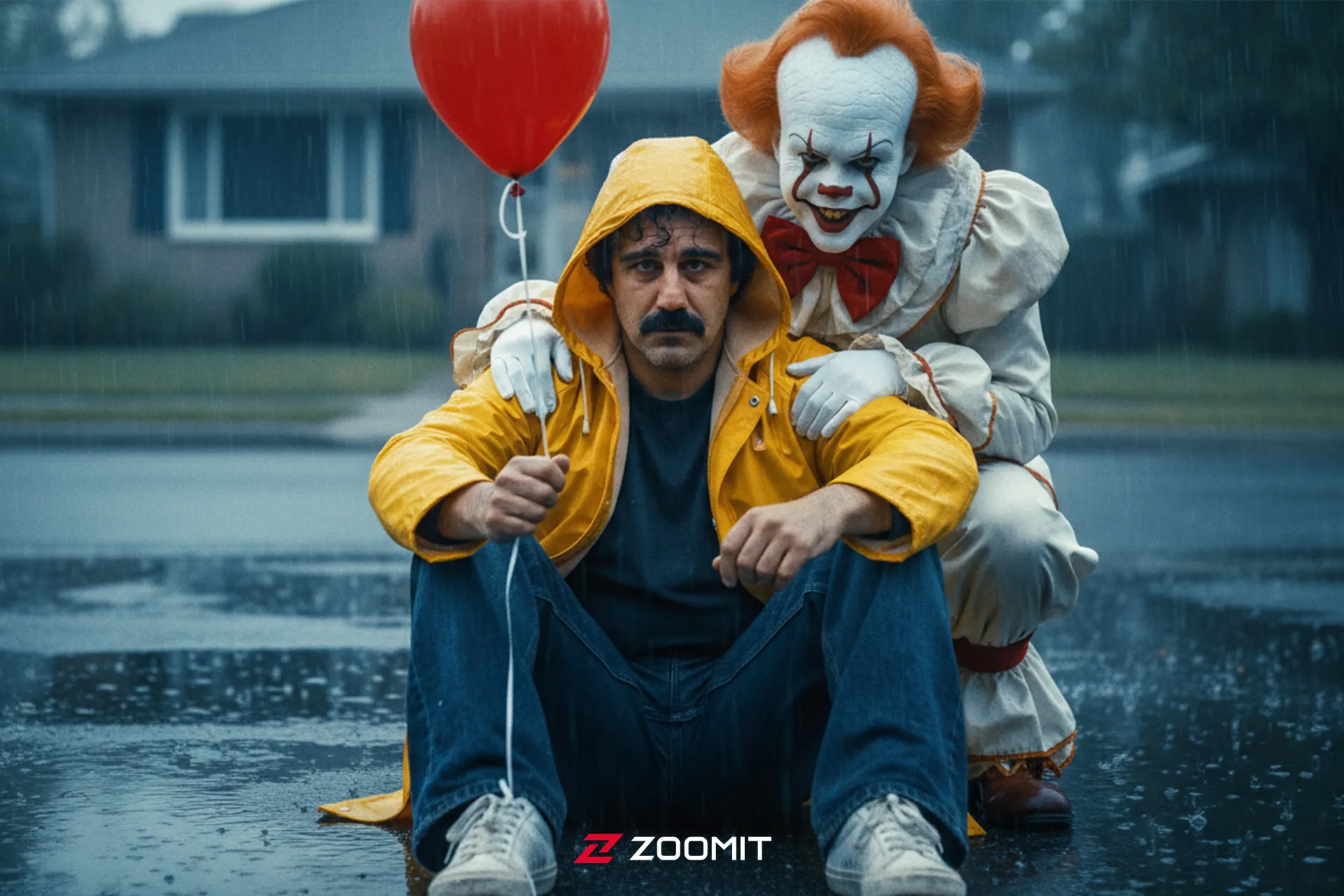 پنی وایز در کنار نقی در روز بارانی