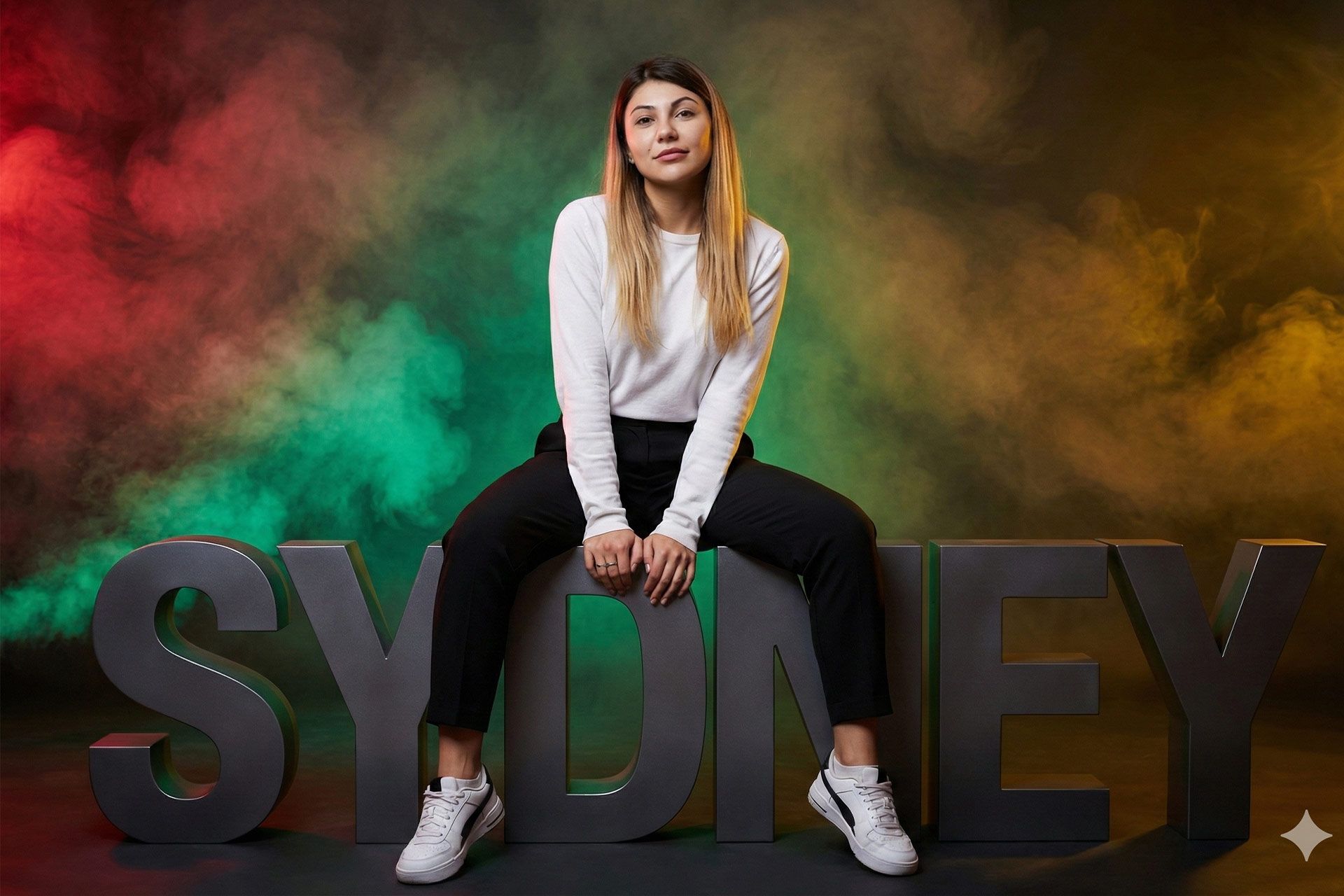 یک زن که روی حروف نام اسمش نشسته