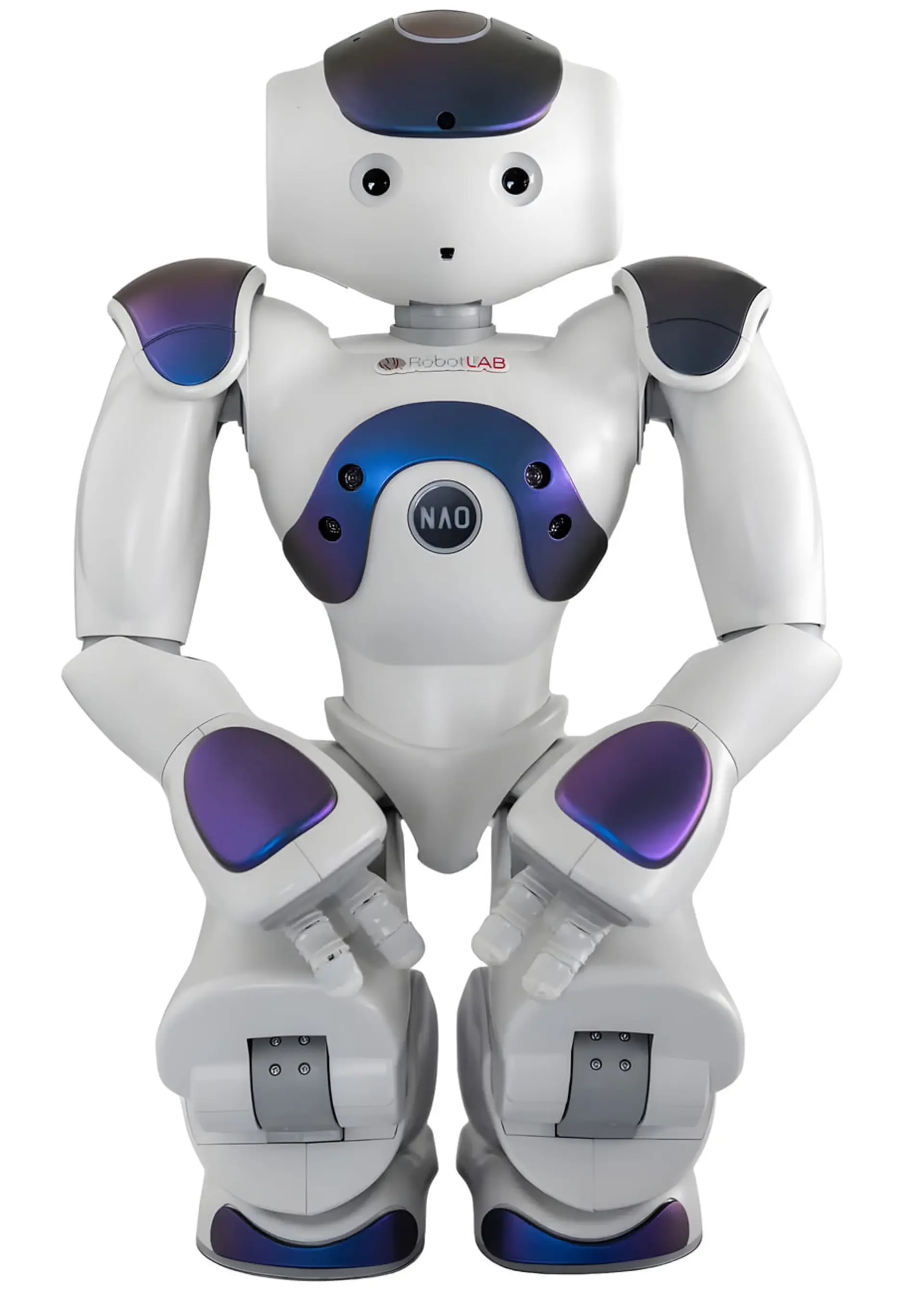 ربات انساننمای NAO (NAO) با بدنه سفید و قطعات بنفش